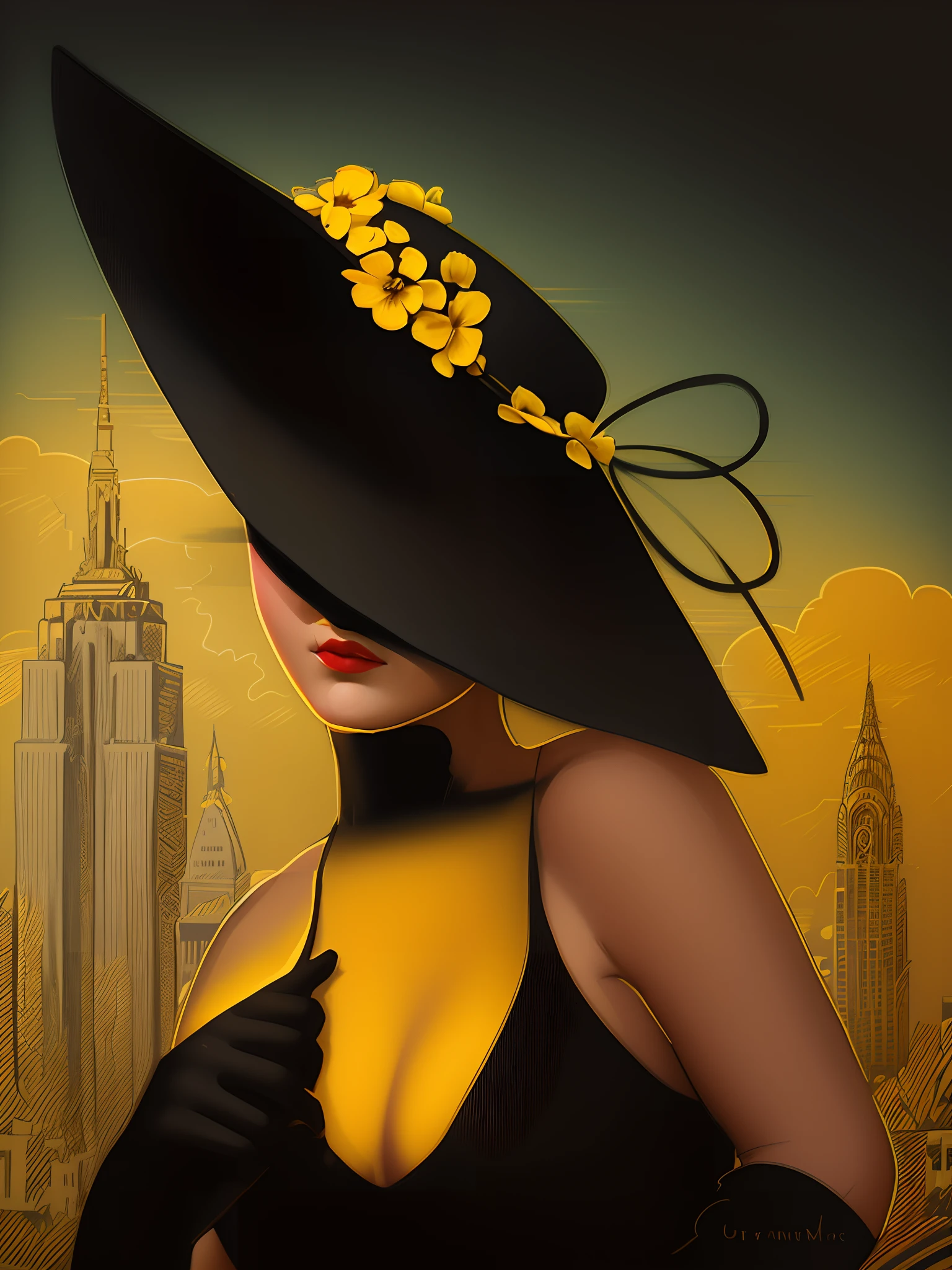 Painting of a woman in a black hat with a yellow flower on it, inspirado em Art Frahm, art deco painting, art deco portrait, Otto Schmidt, art deco illustration, beautiful retro art, in illustration style digital, stylized digital illustration, Directed by: Evan Charlton, Directed by: Pat Adams, arte digital de um elegante, por John Alexander, senhora elegante