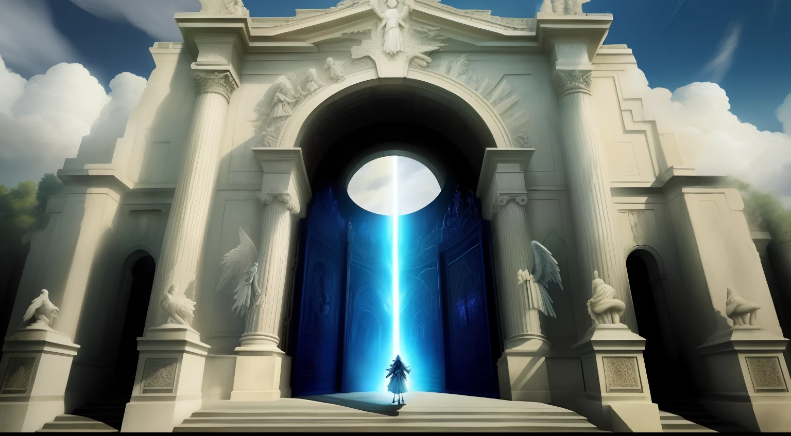 8k, ((melhor qualidade)), ((obra-prima)), (detalhado) realista , Imagem de um homem subindo um lance de escadas com uma espada, stairway to heaven, stairs from hell to heaven, Heaven and Hell, dramatic entry, heaven!!!!!!!!, heavens gate, entrance to ethereal realm, she is approaching heaven, para compreender o inferno ou ir angelical, gates of heaven, Directed by: José Maria Vien, celestial