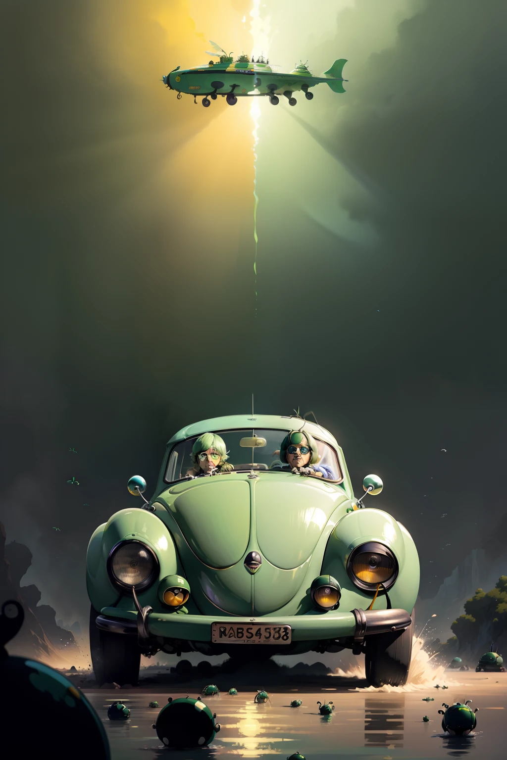 The beetles on a green submarine, beetles, Beatles, chaos, concept art, 4k, in the style of peter max