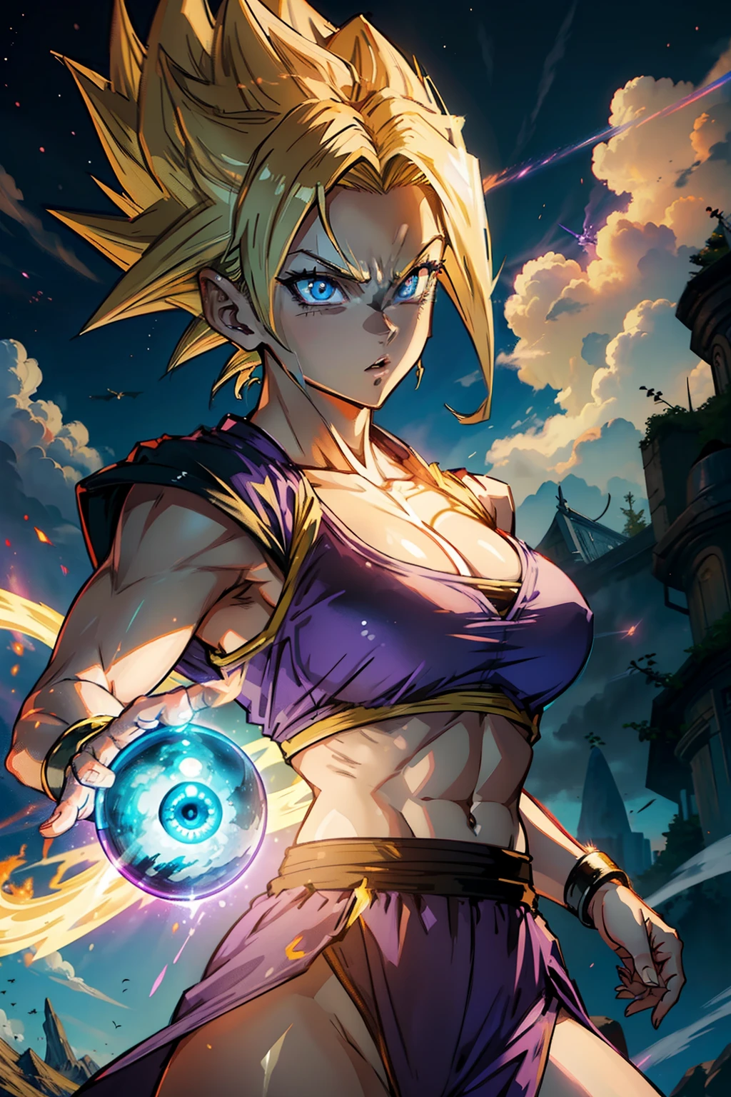 ((female gohan)), dragon ball z ,super sayian, fighting, short hair, yellow eyes, adult, sky, big breasts, purple gi, blonde hair, gloom, detailed face, blue eyes, ((Glowing eyes)), muscular, lean, ((surrounded by aura)), ((flying in the sky)), clouds, hd quality, high atmosphere