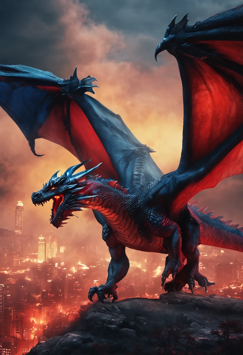 Dragon flying over burning town、large plumage、highcontrast、red fullmoon、Realistic Dragon、Blue Dragon
