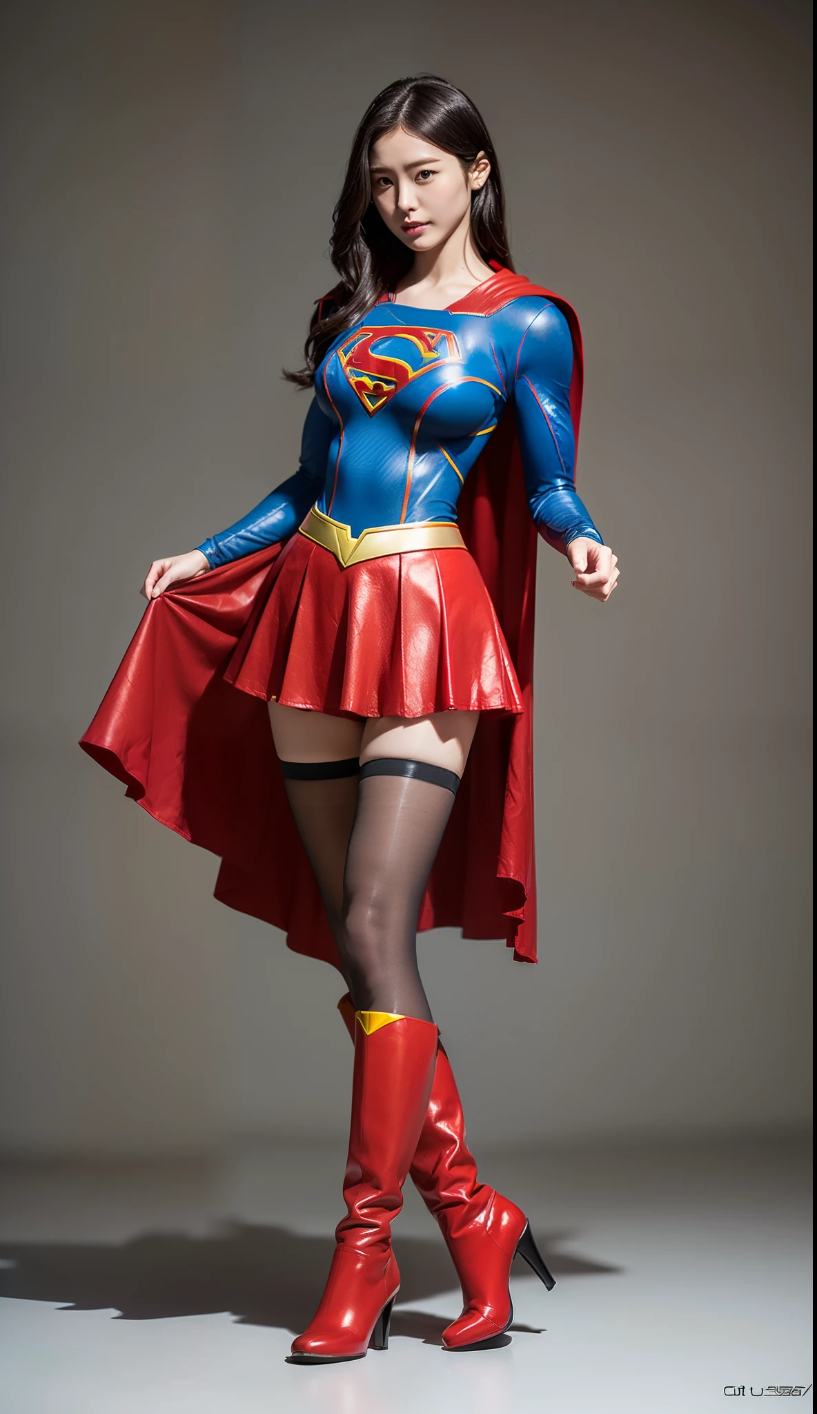 (((Make the most of the original image)))、(((Supergirl Costume)))、(((lustrous dark hair)))、(((Suffering)))、(((Legs should be worn with black tights)))、((Wear red boots))、((Top image quality、8K))、((top-quality、8K、​masterpiece:1.3))、Crisp focus:1.2、Beautiful woman with perfect body shape:1.4、Slender Abs:1.2、((layers-Cut、large boob:1.2))、a wet body:1.5、Highly detailed facial and skin texture、