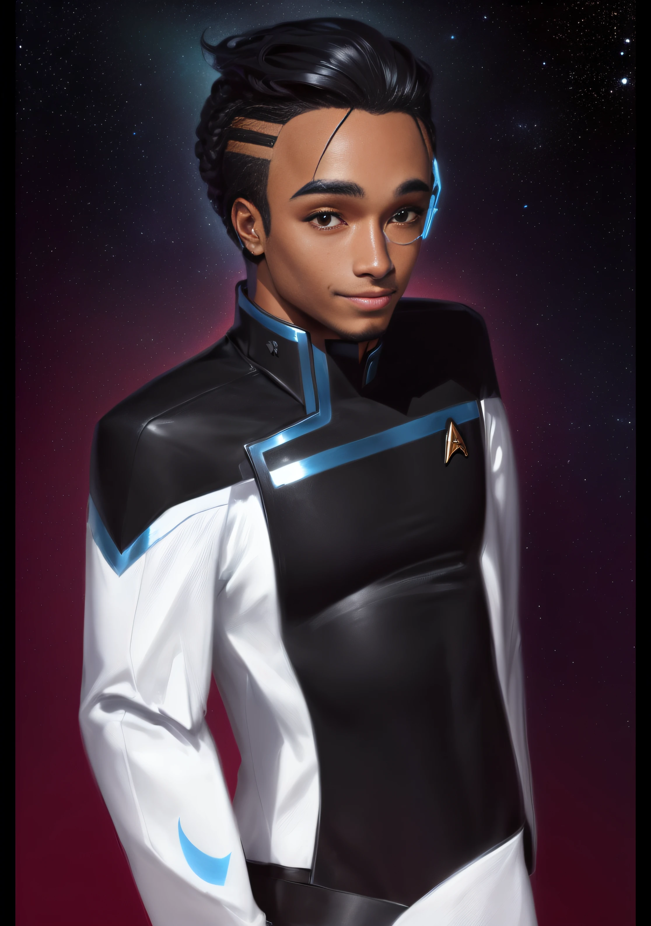 Un dibujo de un hombre con el pelo corto , hombre afroamericano, Lineart perfecto, en uniforme de la Flota Estelar, Lineart simple, de Star Trek, Lineart de bola, en uniforme completo de la Flota Estelar, Lineart grueso, Lineart limpio, Como oficial de la Flota Estelar, with a happy expression, sharp lineart, ojos negros, pelo negro, corte en la ceja