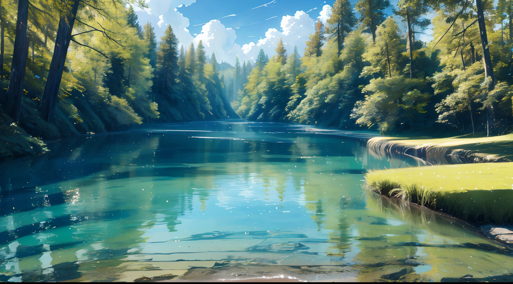 no humans, scenery, vanishing point, from below, masterpiece, best quality, 8k, absurdres, water surface, summer, noon, sunlight, blue sky, perspective, depth of field, highres, finely detail, ultra-detailed, sharp focus