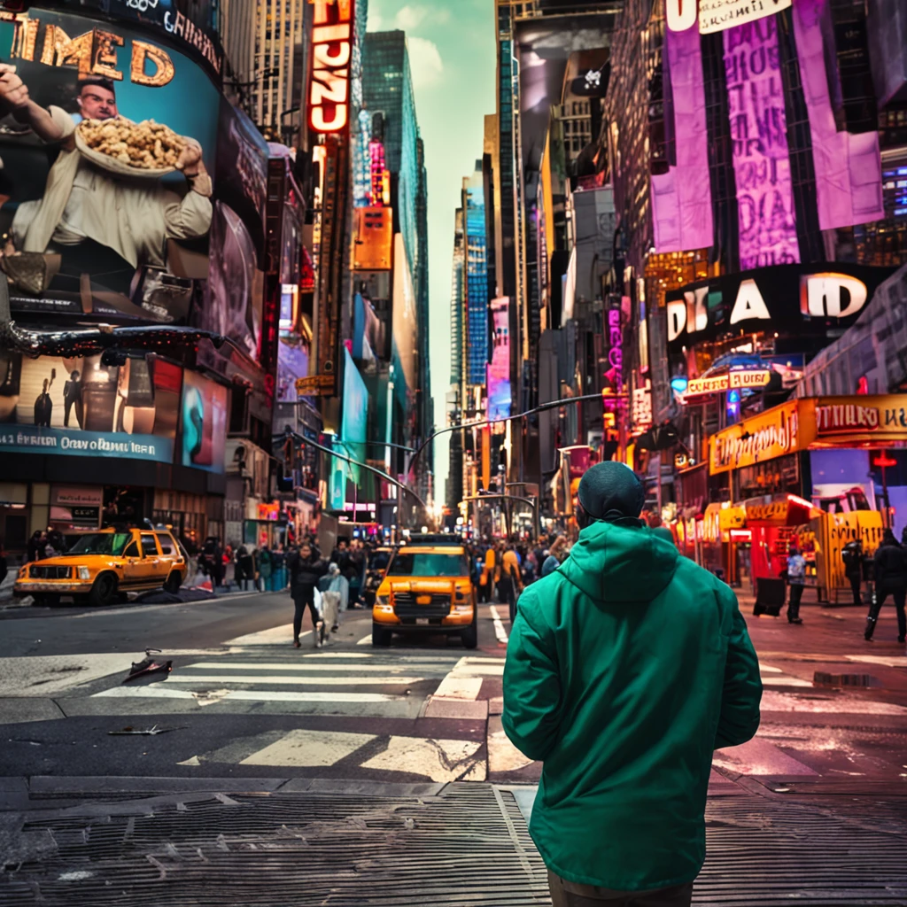 cenario da times square, com um homem de costas olhando para a avenenida