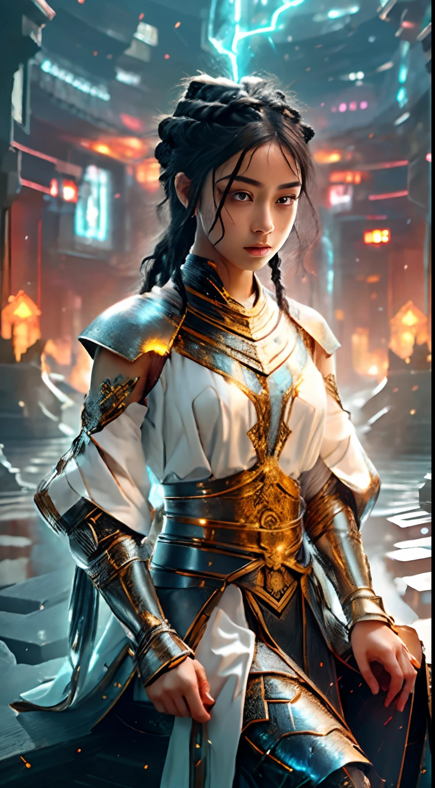 8k, complex, elegant, highly detailed, majestic, digital photography, denim lens, surrealist painting, broken glass, beating magic, winding lightning magic, (masterpiece, side light, fine beautiful eyes: 1.2), HDR, Void 5 energy lightning storm, (black girl, black eyes: 1.5), dark skin, glowing skin, ( Sitting on a stone: 1.5), delicate face, black braided hair, wearing palatial blue armor, bare shoulders, navel, short skirt, fine blue armor, raining, beautiful, looking at the audience, facing the camera, masterpiece, upper body,