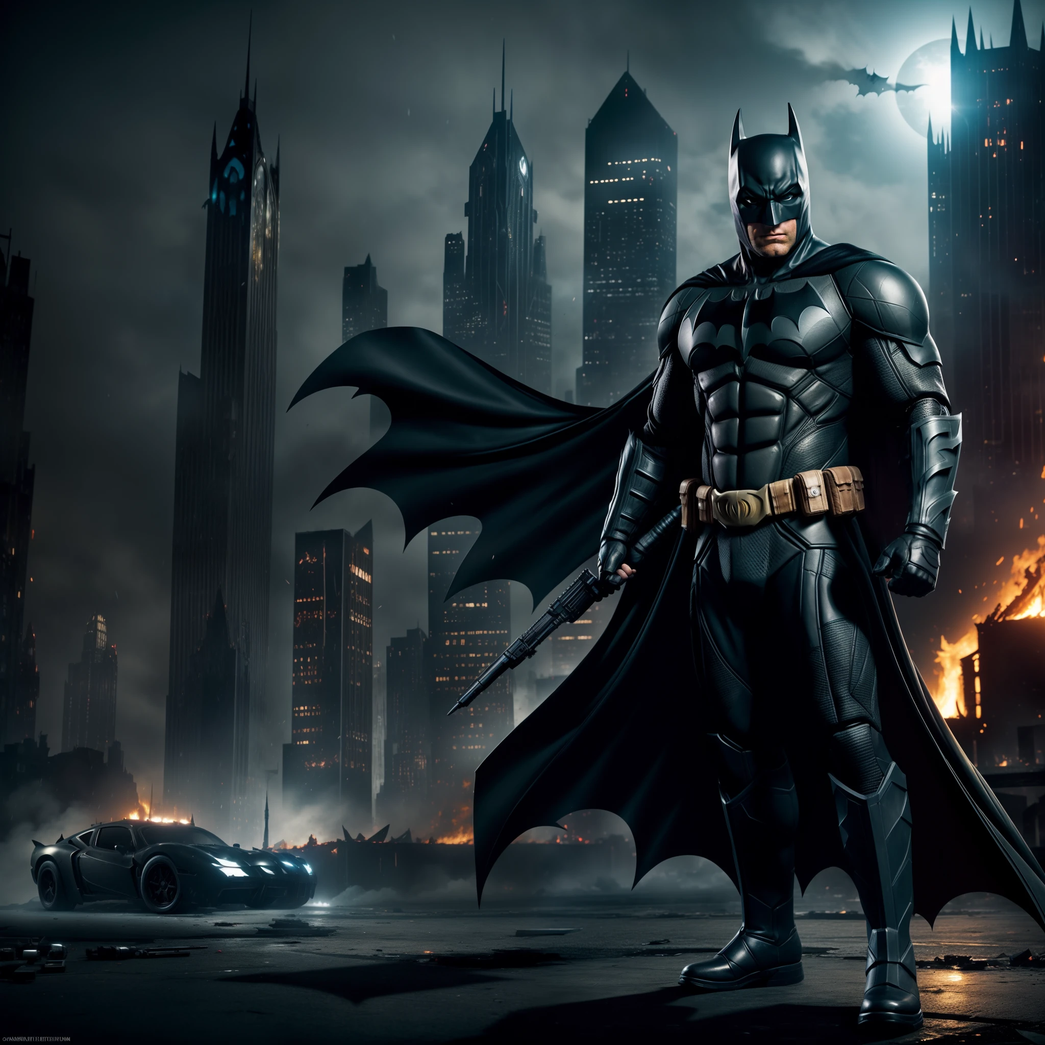 Create an image with a fisheye lens effect, Batman action figure with cape and gloves on a background full of buildings and fog, The Batman, Batman, Batman with guns, Mecha Batman, cyberpunk Batman, From the movie Batman, inspired by Jim Lee, painted action figure, Portrait of Batman, collectible action figure, Hyper detailed full body shot, High detail iconic character, Dark Knight, Full figure, Full detailed body, Batman Arkham Asylum, Burning buildings and crashed cars