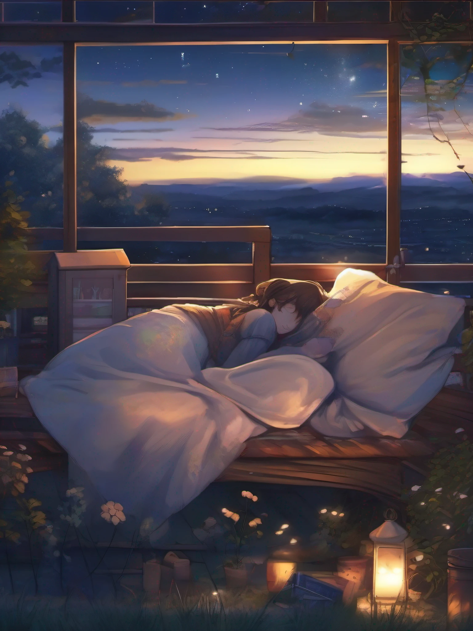 Loepfe music anime illustration，A peaceful evening in the countryside，A young girl lies on the roof，Lying on the roof，Gaze at the starry sky，Feel the breeze on her cheeks，On the horizon in the distance，A beautiful panorama of the countryside unfolds before her eyes，The view from the roof made her feel peaceful and calm，The stars shimmered faintly，It was like a light that lit up the entire night sky。She sat there quietly，Enjoy this wonderful moment，Feel the charm of nature，Full of tranquility and beauty，It's heart-warming，Cozy and comfortable atmosphere, during night, Wonder, Nice atmosphere，Outside the nights are a bit dark --auto
