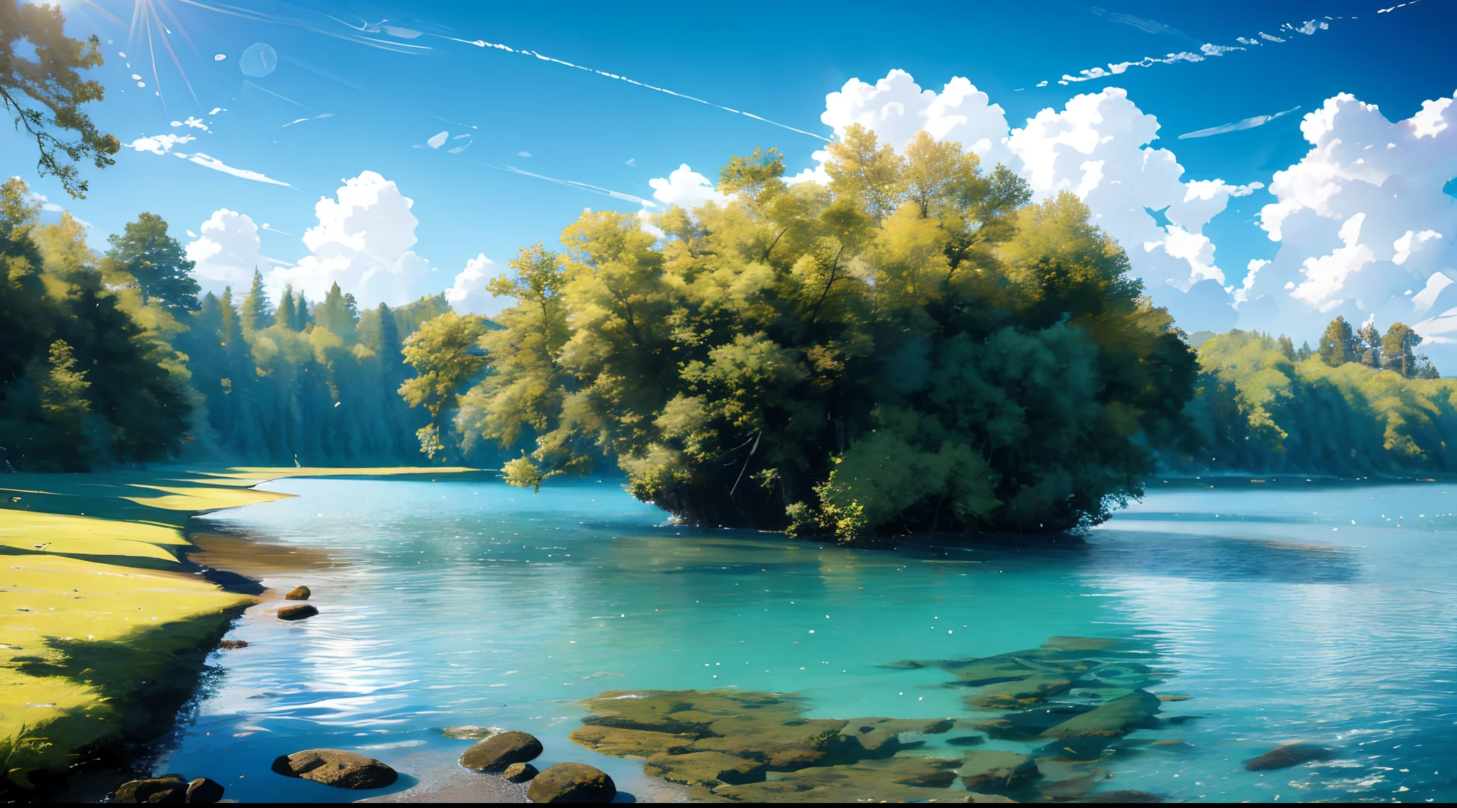 no humans, scenery, vanishing point, from below, masterpiece, best quality, 8k, absurdres, water surface, summer, noon, sunlight, blue sky, perspective, depth of field, highres, finely detail, ultra-detailed, sharp focus