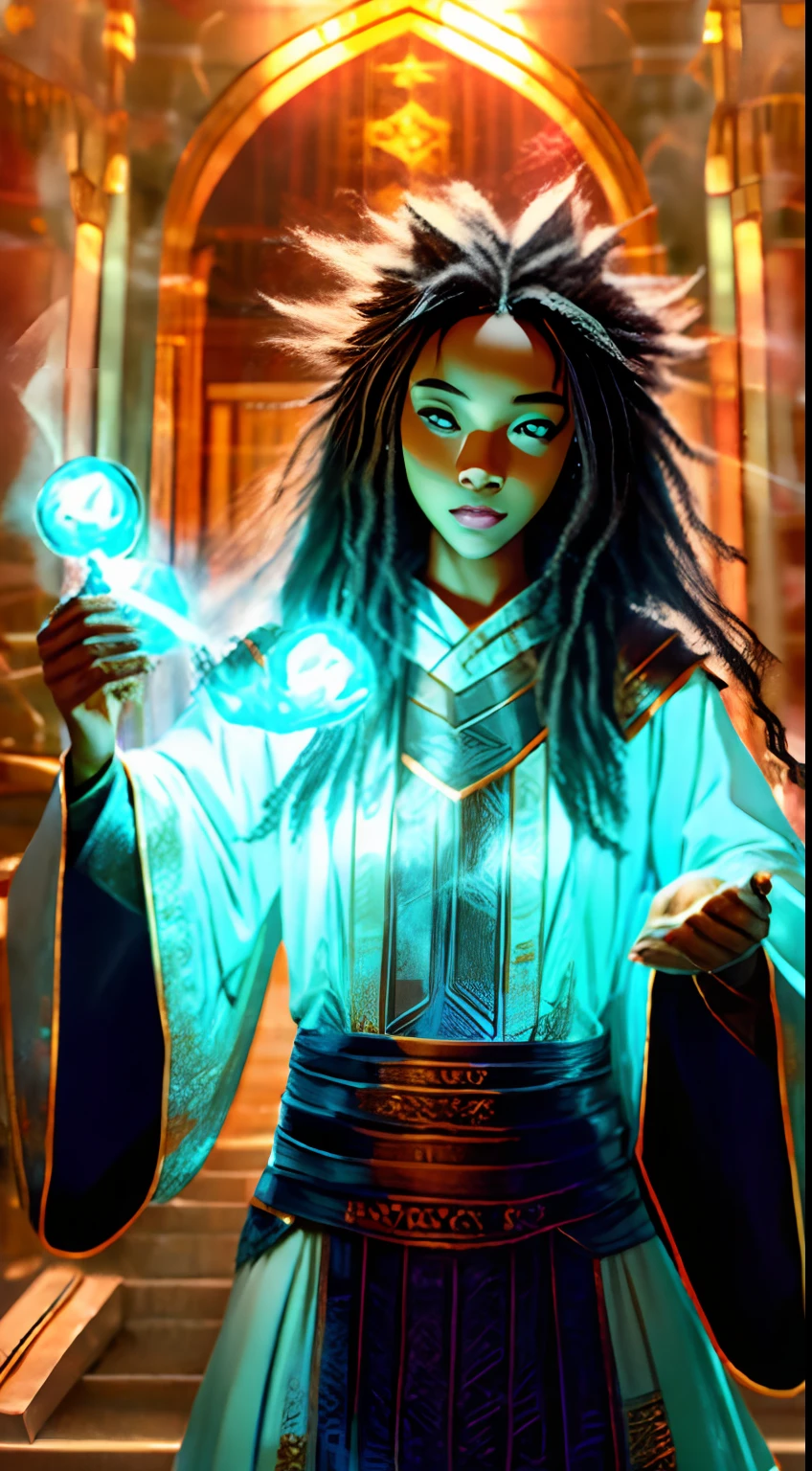 young black female wizard doing magic with black long hair