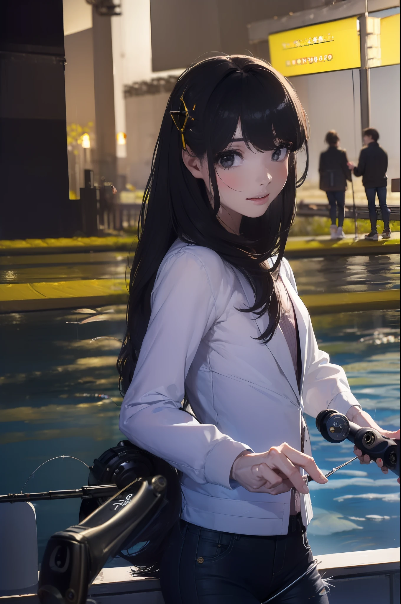 ((((having a fishing rod with a reel by the lakeside:1.5)))),((Female 28 years old)),((Best Quality:1.5)),(((Hands with the correct number and structure of fingers:1.4))),((Big fish:1.37)),hight resolution,ultra-detailliert,masterpiece,best qualtiy,(Eight-headed body),Black hair, long eyes-lashes, Solid Circle Eyes, drop shadow, Atmospheric perspective,Super Detail, ccurate, small brest,(Black jacket and black jeans :1.1),top-quality, blurry backround, bokeh dof:1.2, (masterpiece:1.3), Atmospheric perspective,Super Detail,dynamic compositions,