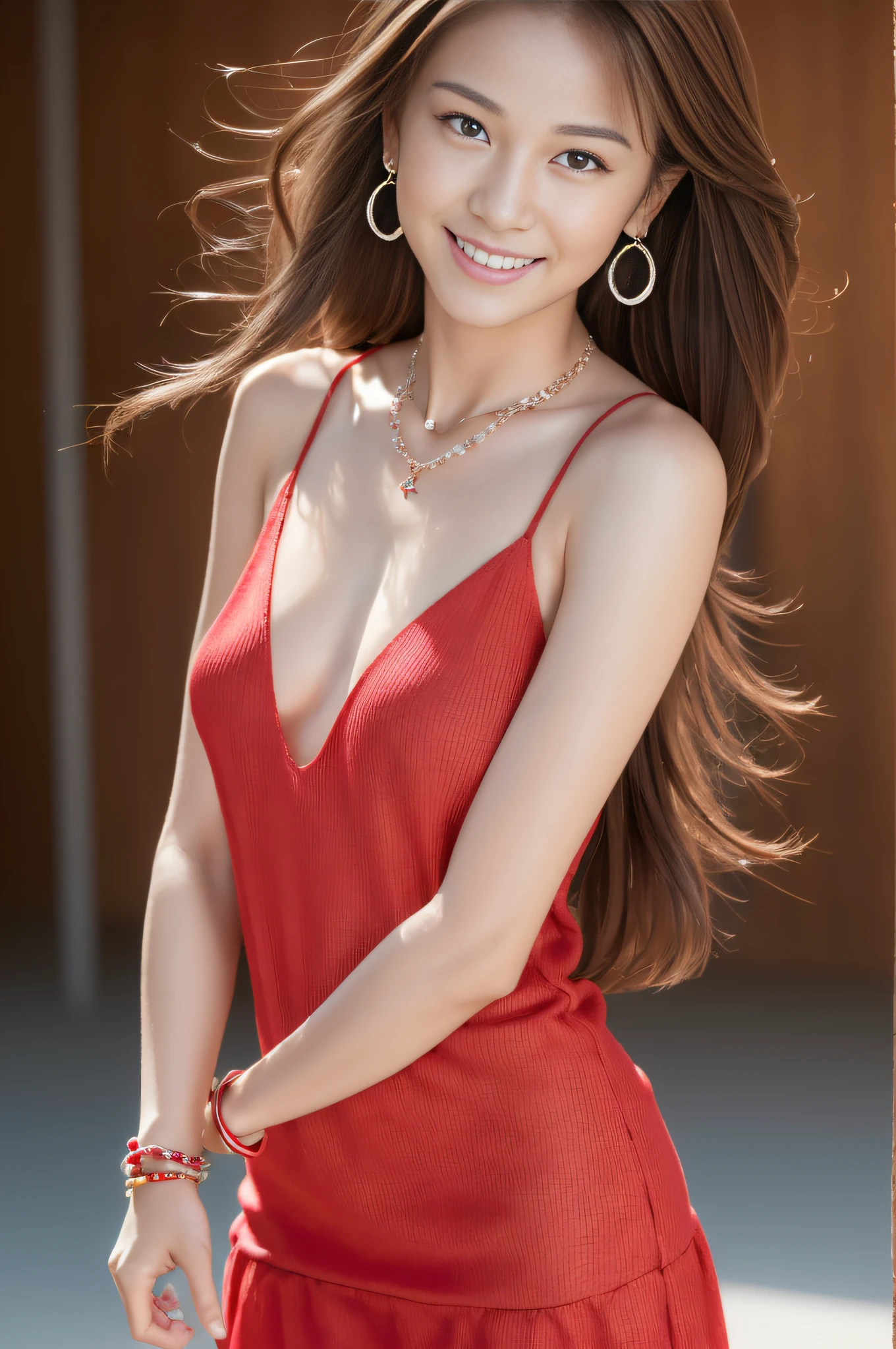 (Masterpiece:1.3), (8K, Photorealistic, Raw photography, Best Quality:1.4), (1girl), Beautiful face, Realistic face, (Detailed face), Beautiful hairstyle, (Detailed hair), Realistic eyes, (Detailed eyes), Beautiful details, Realistic skin, (Detailed skin), Beautiful skin, Attractive, Ultra high definition, A hyper-realistic, Very detailed, (medium breasts:0.5), Japanese beauty, (slim figure), (gray gradation background), (), (Wearing a bright shining red dress), high heels, gentle smile, brown hair, (necklaces, earrings, bracelets), (super model figure), cute young Japanese girl, pretty young Japanese girl