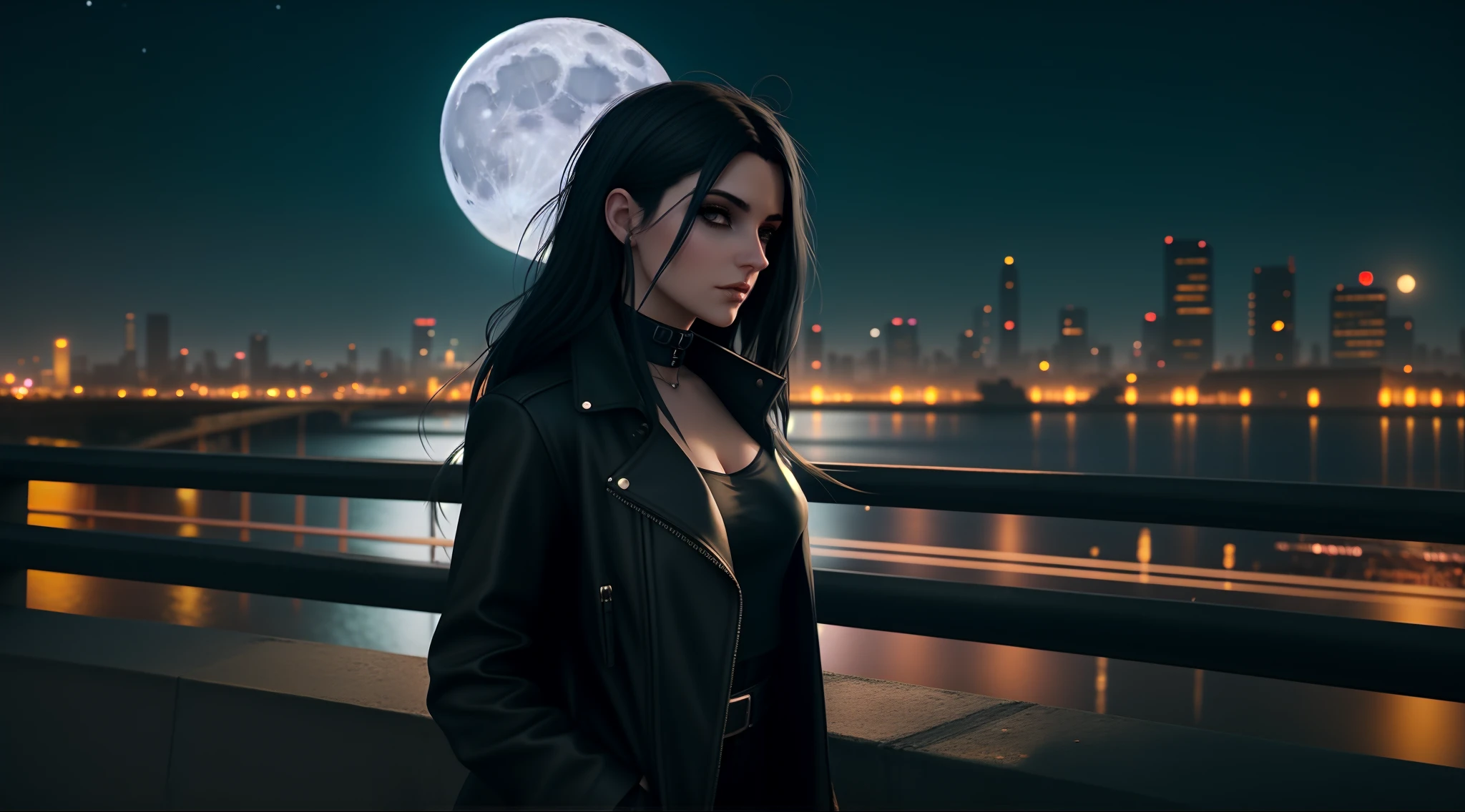 there is a woman standing on a bridge with a full moon in the background, urban fantasy style, seductive cyberpunk dark fantasy, jet black haired cyberpunk girl, dreamy cyberpunk girl, gothic city streets behind her, beautiful cyberpunk woman model, female cyberpunk anime girl, cyberpunk beautiful girl, stylized urban fantasy artwork, the cyberpunk girl portrait, the moon behind her, urban fantasy