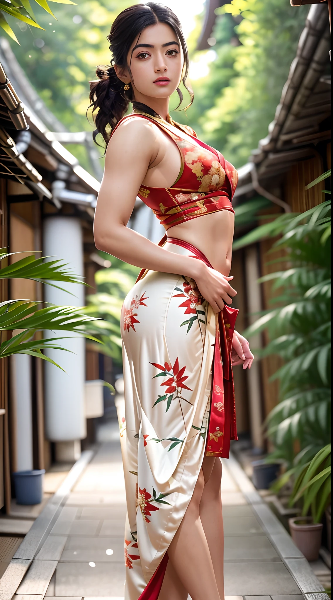 (Rashmika) Hyper realistic super detailed sexy 24-year-old full-length woman (with large breasts), cup size E, trending on cgstation, (in a long silk robe with Japanese motifs, taut clothes, frank, fits the body, fits the chest), a confident girl, The photo was taken from the front, from the top corner, facing the photographer, Foreground photo , (Looking Ahead), NSFW, (frontal view, facing the photographer, (the pose, standingn, A street in Japan, bamboo grove)), ( Coiling hair),  Very detailed, sexy facial expressions, seductive facial expressions, [:(face detail: 1.4): 0.4], 16K resolution, 4k resolution, dinamic lighting, high-definition resolution, (sexy pose, seductive position), (elongated chest,: 1.7), (slimness: 1.2), (Narrow waist: 1.6), (Slim legs: 1.4), (hyper realisitc: 1.4), (back light: 1.2), (Sunlight: 1), (full height: 1.8), (pectoral muscles: 1.3), (contrasting background: 1.5), (Hyper-Realistic Arm Anatomy), (Hyper-Realistic Leg Anatomy), (Clean skin), (Veins Not Visible: 1.5), (Cinematic lighting: 1.7), (Intimate), (NVIDIA RTX Ray Tracing Technology), (Hyper-Realistic Arm Anatomy: 2), (Perfect flat stomach), (Color Image), 8mm Film Grain, Shot on Sony A9 II, 85 mm lens, f/1.8 Aperture, Deep Focus (10-bit RAW), The file weighs a lot, (CGI Art:1.3)