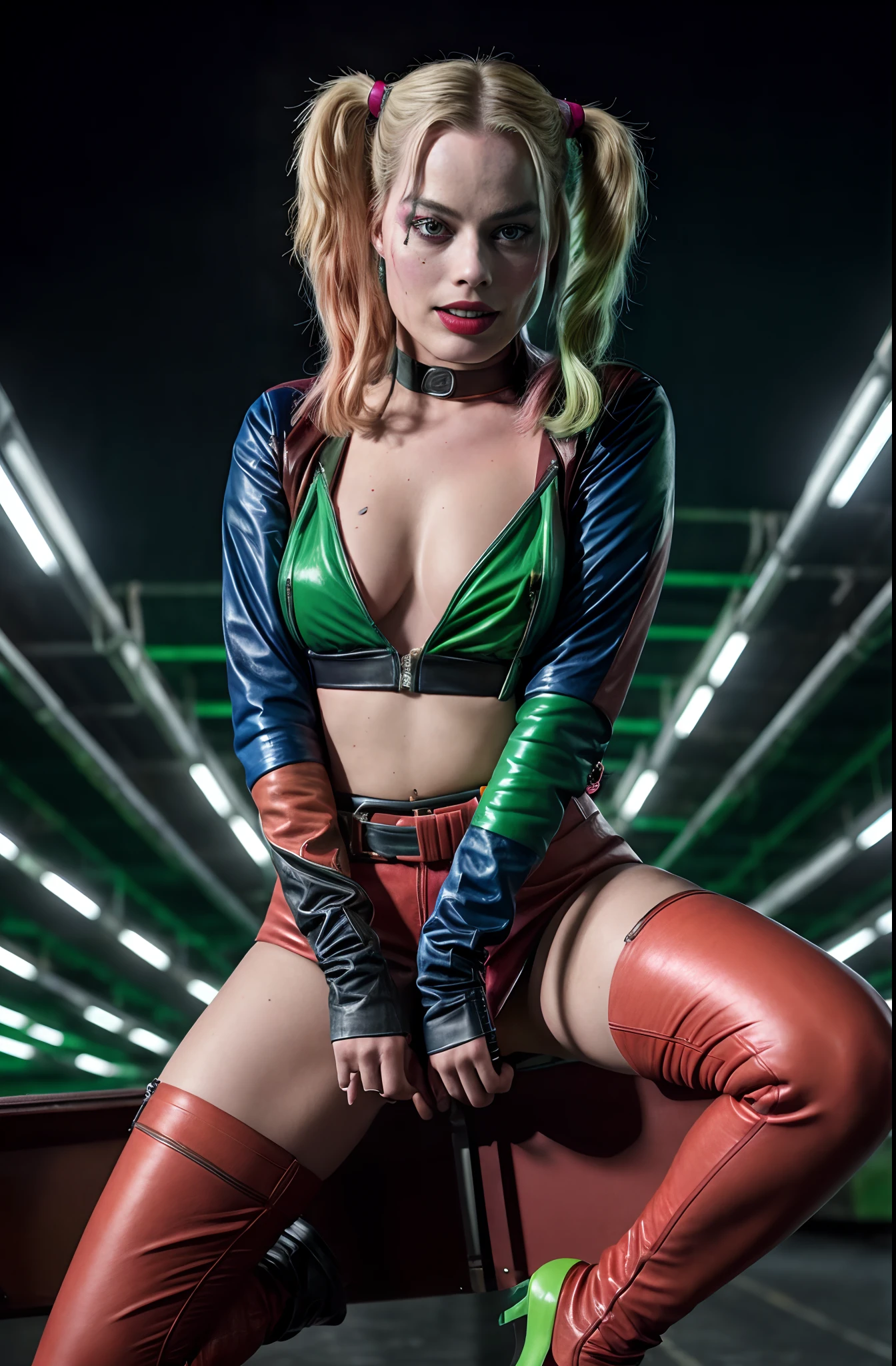 Margot Robbie as Harley Quinn, full leather outfit, futuristic warehouse filled with neon red and green background, superrealistic, hyperreal, detailed, movie poster, realistic skin, Fujifilm XT3, High Resolution Quality Image, Photoshoot (skin: 0.8, moles: 0.05), (highly detailed skin), margotrobbie