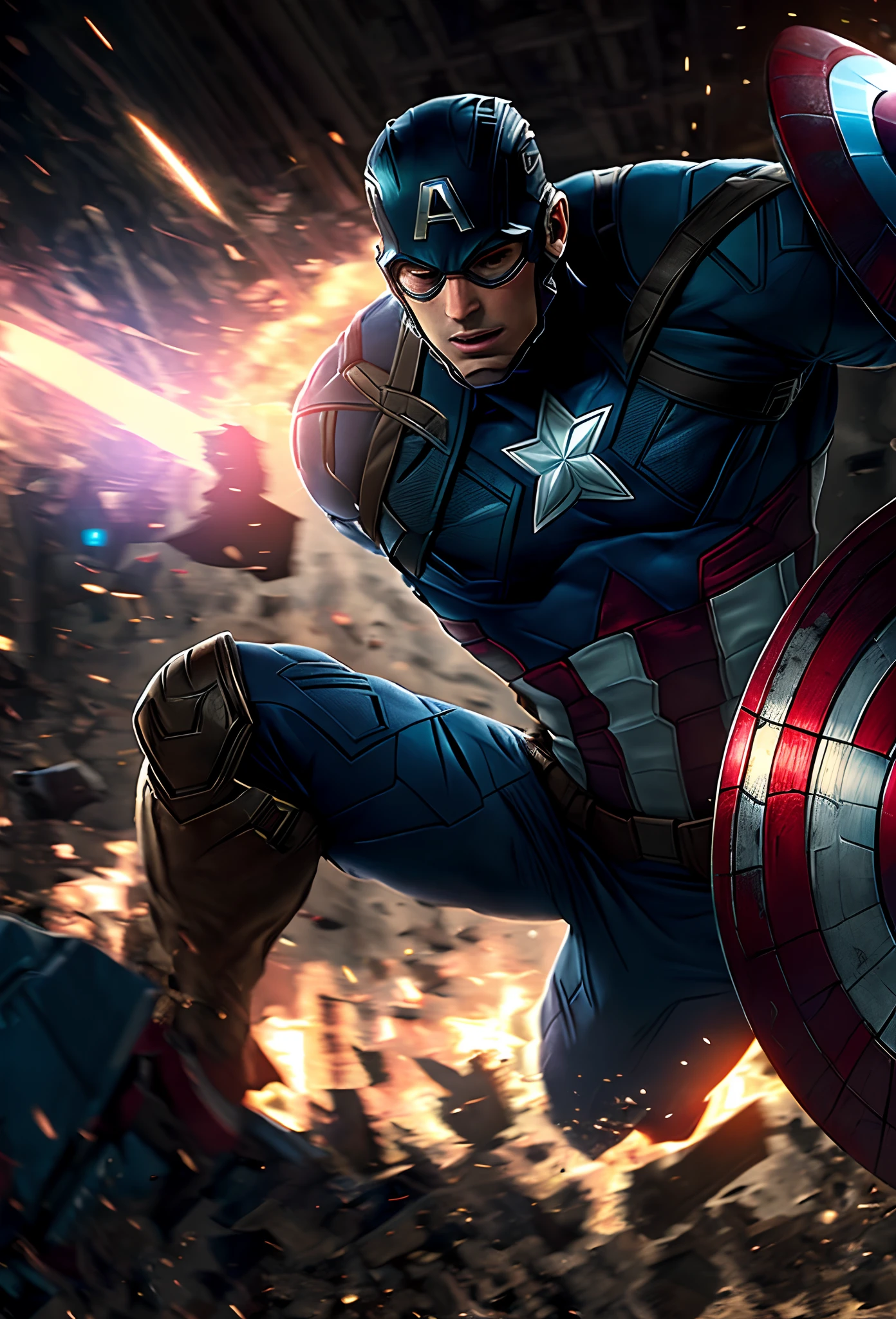 dynamic, action-packed illustration of Captain America posing in the middle of a fierce battle. Show Captain America in a heroic and powerful posture, exuding strength and determination. Picture him in his iconic red, Branco, e traje azul, with the starry shield raised in one hand. Surround it with chaos and destruction, showing the intensity of the battle with explosions, escombros, and enemy forces. Use dynamic pose and dynamic lighting to improve the sense of movement and energy in the scene. Pay attention to details like Captain America's expression, definition muscular, e a textura de seu figurino. Geral, create a visually stunning and adrenaline-filled portrait of Captain America in the middle of battle.