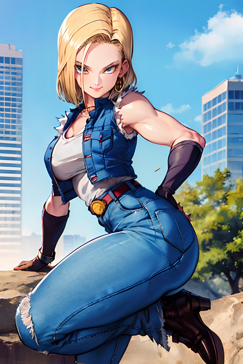 masterpiece, best quality, ultra-detailed, absurd, portrait of cute android18db, realistic face, solo, earrings, jewelry, jeans, smile, belt, vest, pants, outdoor, gloves, necklace, jeans, rock, sitting, volumetric lighting, best quality, masterpiece, intricate details, tonemapping, sharp focus, hyper detailed, big and large boobs, slim body, big booty and curves, background destroyed city, damaged clothes,