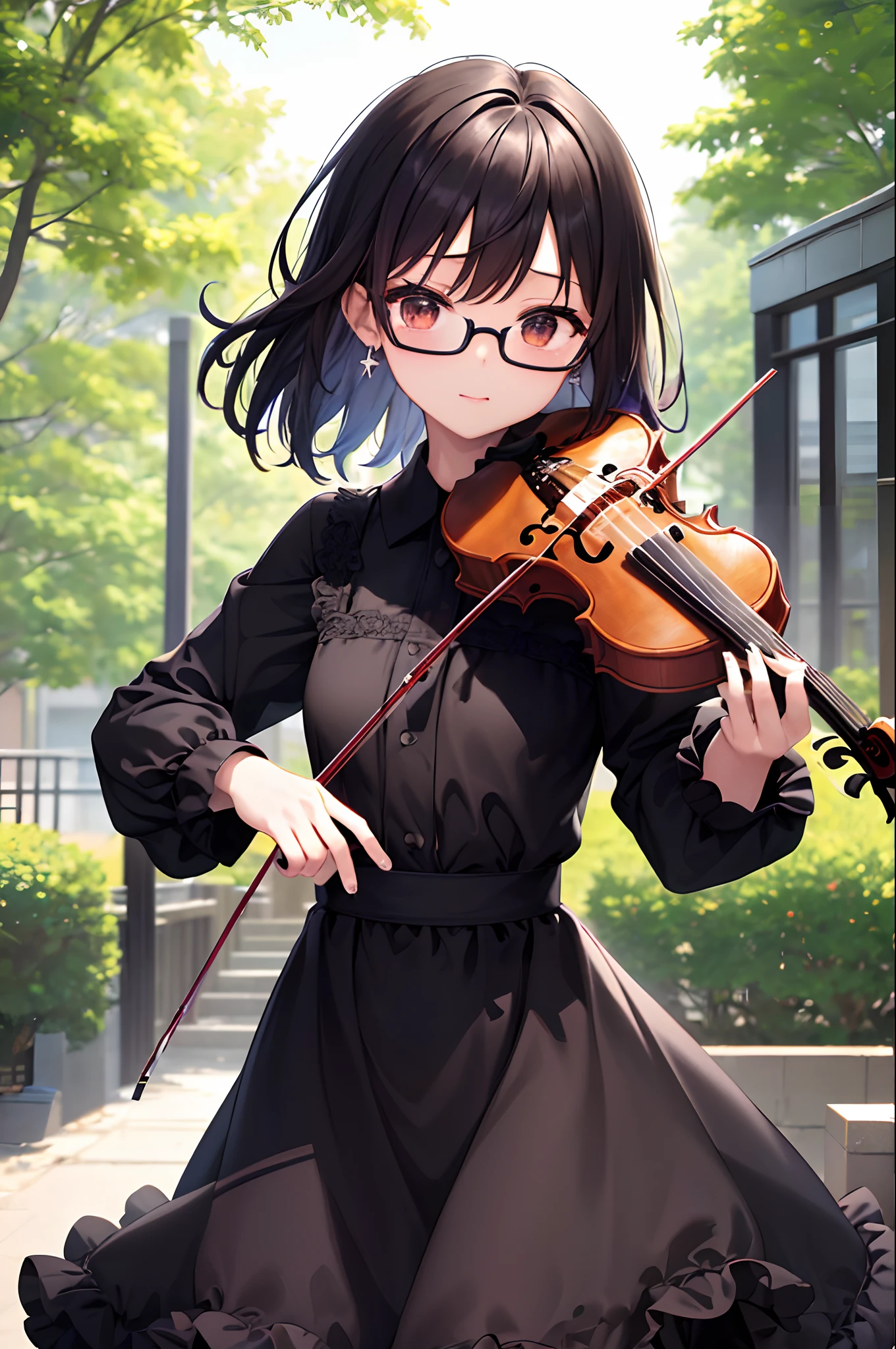 (masutepiece, Best Quality, Capture super cute moments, depth of fields, ultra-detailliert, Ultra High Resolution, C4D, Octadale, 3D Modeling, 8K, 16 K, one girls、a junior high school student、A dark-haired、short-hair、straight haired、Light brown eyes、hair adornments、wearing black glasses、kawaii faces)、(masterpiece, best quality:1.2), solo, 1girl, yashio rui, expressionless, holding instrument, playing instrument, violin, bow \(music\), black dress, jewelry, earrings