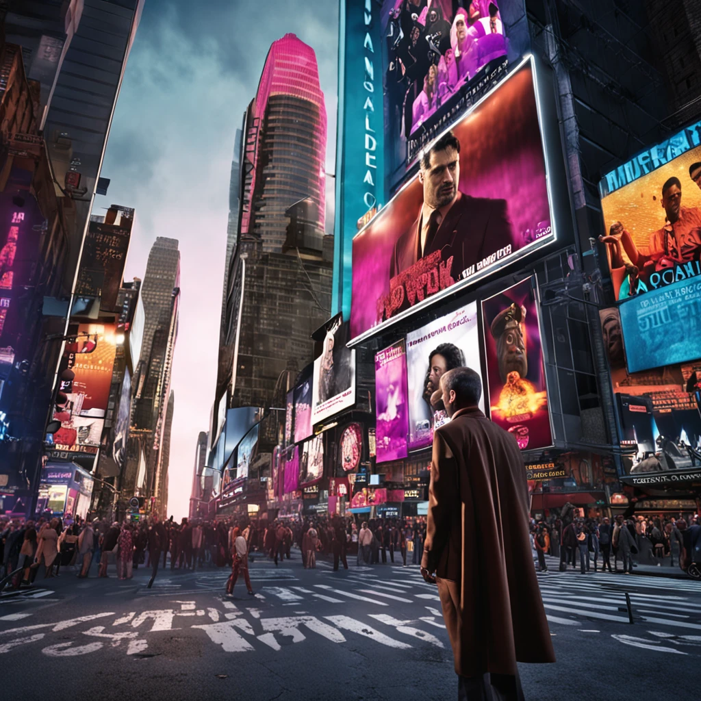 cenario da times square, with a man in a suit on his back staring at the big screen