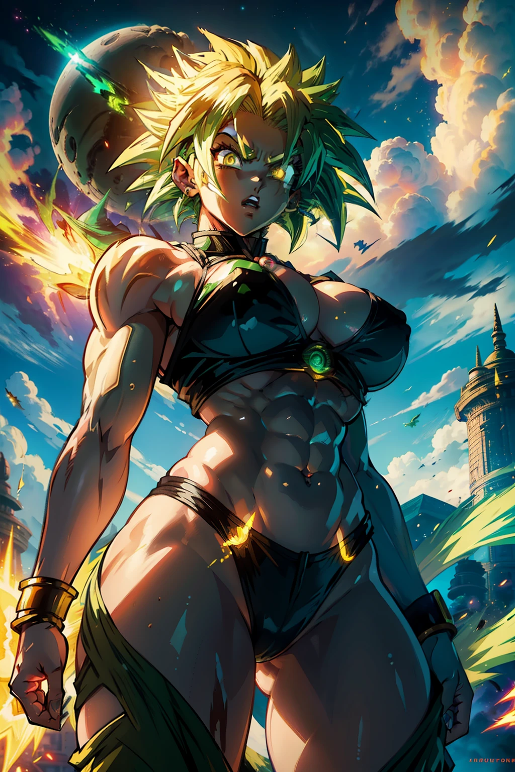 ((female broly)), dragon ball z ,super sayian, raging, short hair, yellow eyes, adult, sky, big breasts, blonde hair, gloom, detailed face, green eyes, ((Glowing eyes)), muscular, bulky, ((surrounded by aura)), ((flying in the sky)), clouds, hd quality, high atmosphere, ((thick muscular legs)), big stature