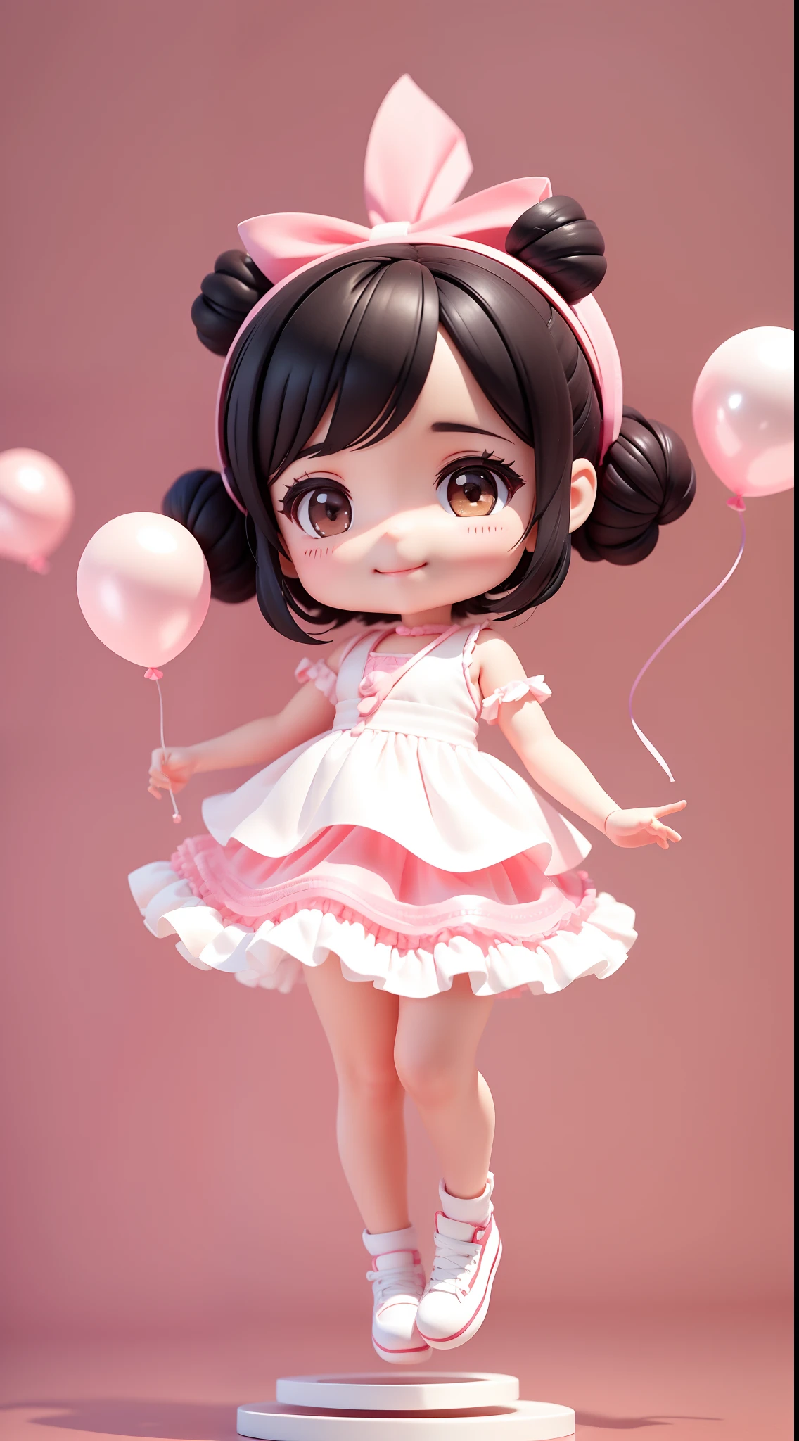 little baby girl, cute, chibi, heavy black hair in a bun, brown eyes, happy, smiling, brown skin, holding a floating balloon, long pink dress, white sneakers, plain white cinematic, vinyl figurine, high quality, 4k, full body