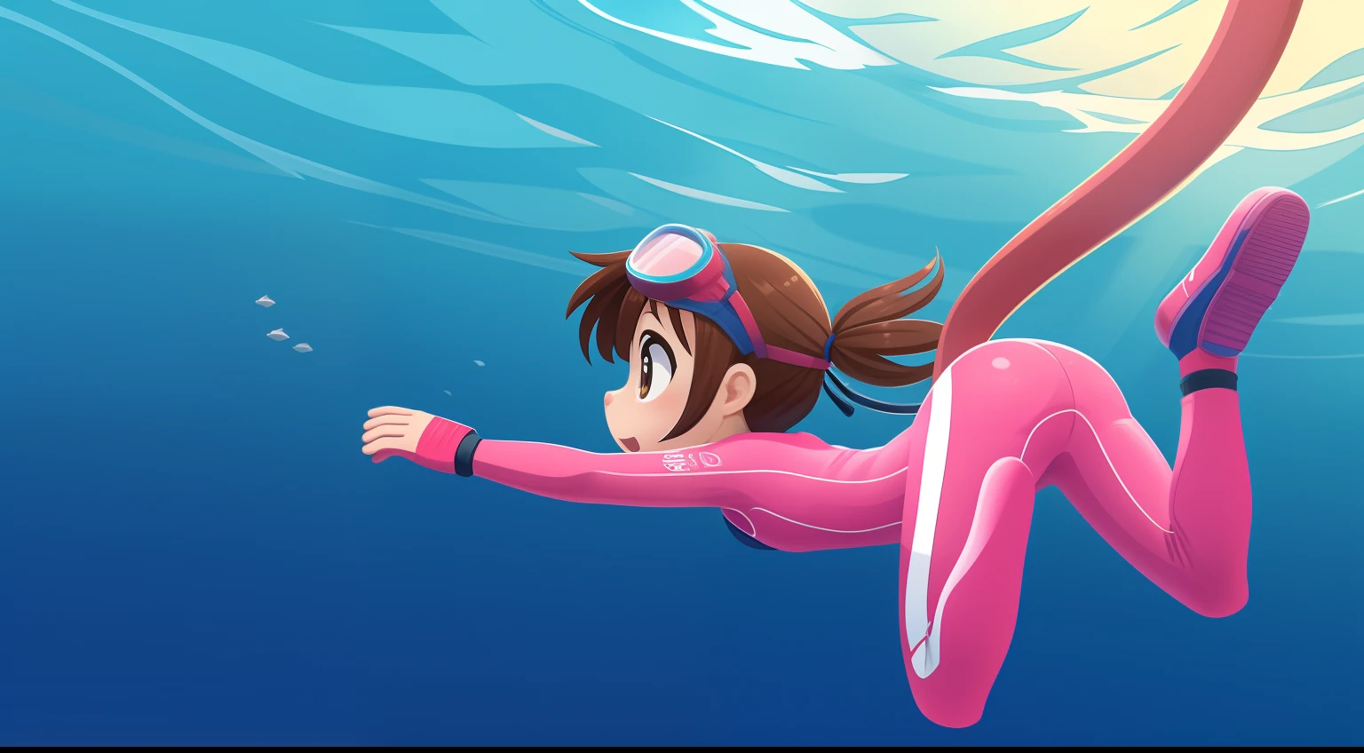 ((2D illustration style))Shoot from a rear perspective,A 5-year-old girl swims in the deep sea,She has brown hair,Wear goggles,Wearing a pink wetsuit,Diving gloves and diving shoes,Full body view。