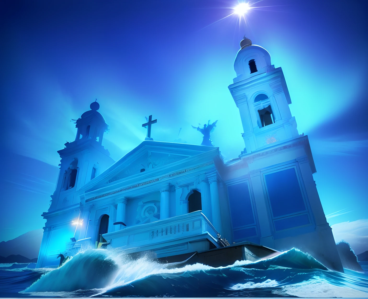 image of a church with a big wave in front of it, fundo azul, fotografia, por Jack C. Canhoto, Directed by: Pedro Pedraja, Manila, Directed by: Giorgio Cavallon, Directed by: Juan Fernando Cobo, Porto Rico, Directed by: Pablo Carpio, Directed by: Ric Estrada, inspirado em David LaChapelle, altamente renderizado, Directed by: Felipe Seade, santo