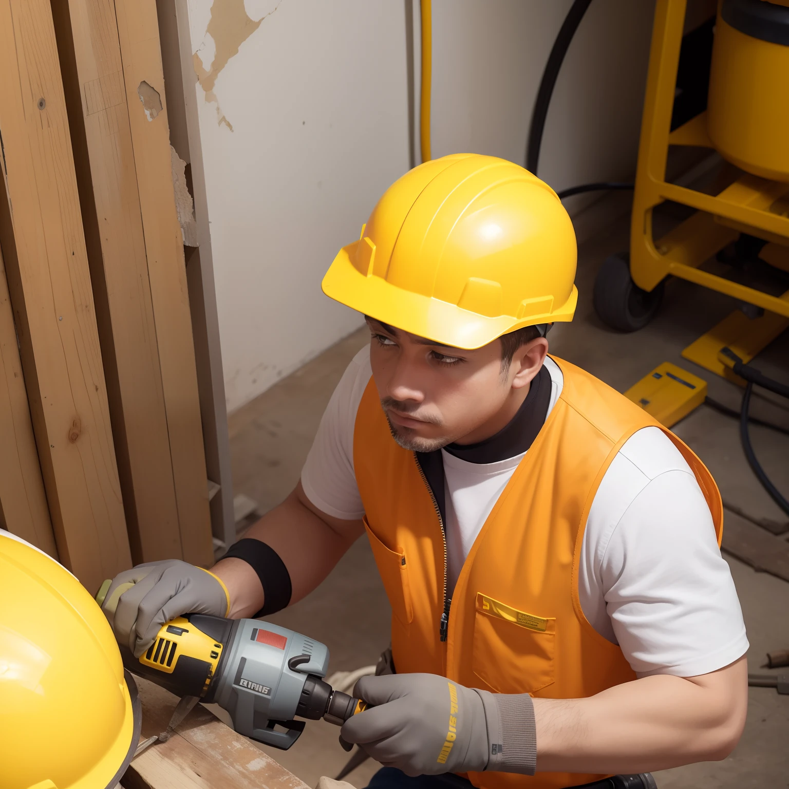 A worker wearing a yellow helmet and safety vest, concentrate while handling an electric drill to fix metal beams.