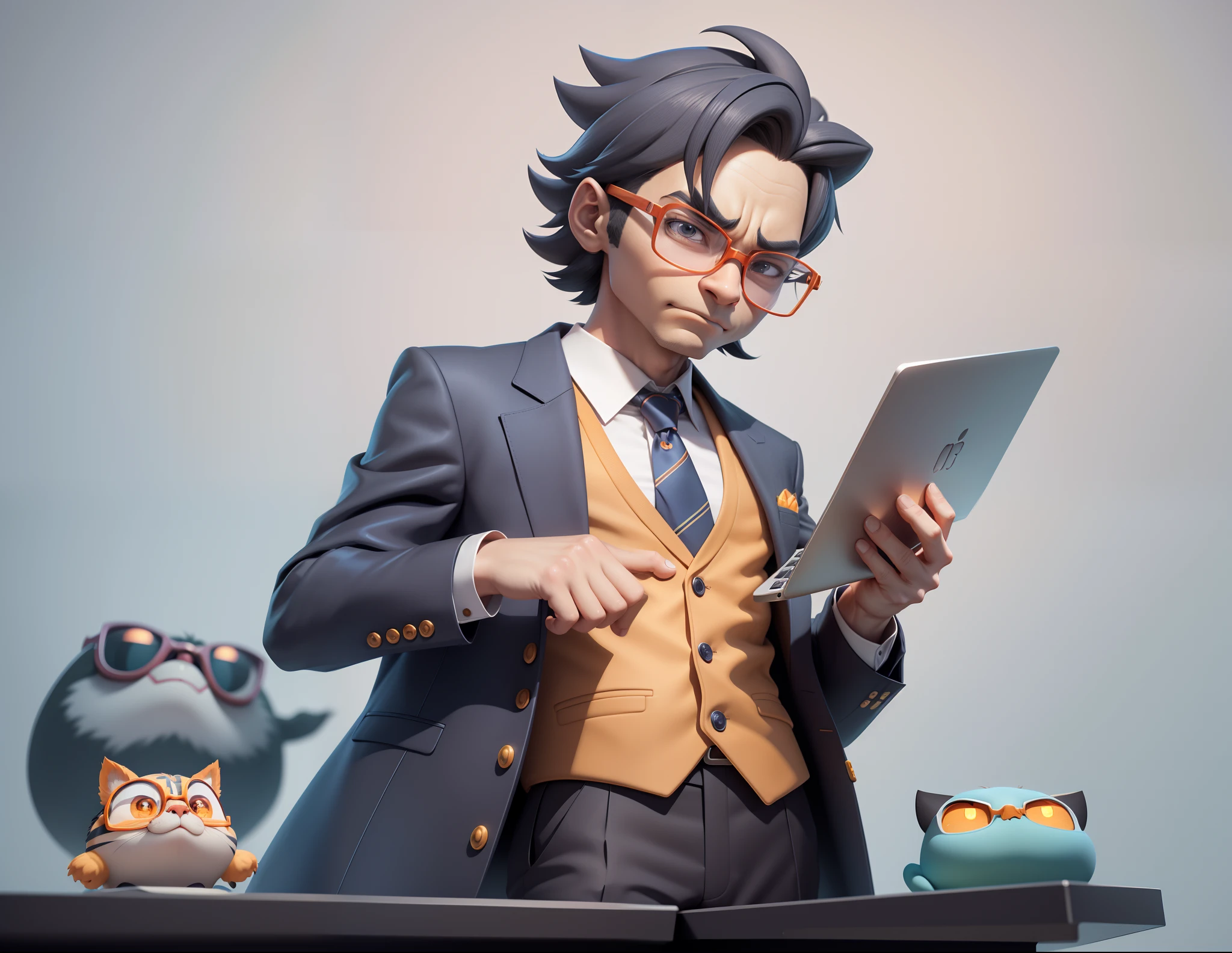 A young man in a suit, Short hair and glasses sat at his desk,holding laptop,digitial painting,tigre,3D character design by Mark Clairen and Pixar and Hayao Miyazaki and Akira Toriyama,4K HD illustration,Very detailed facial features and cartoon-style visuals。