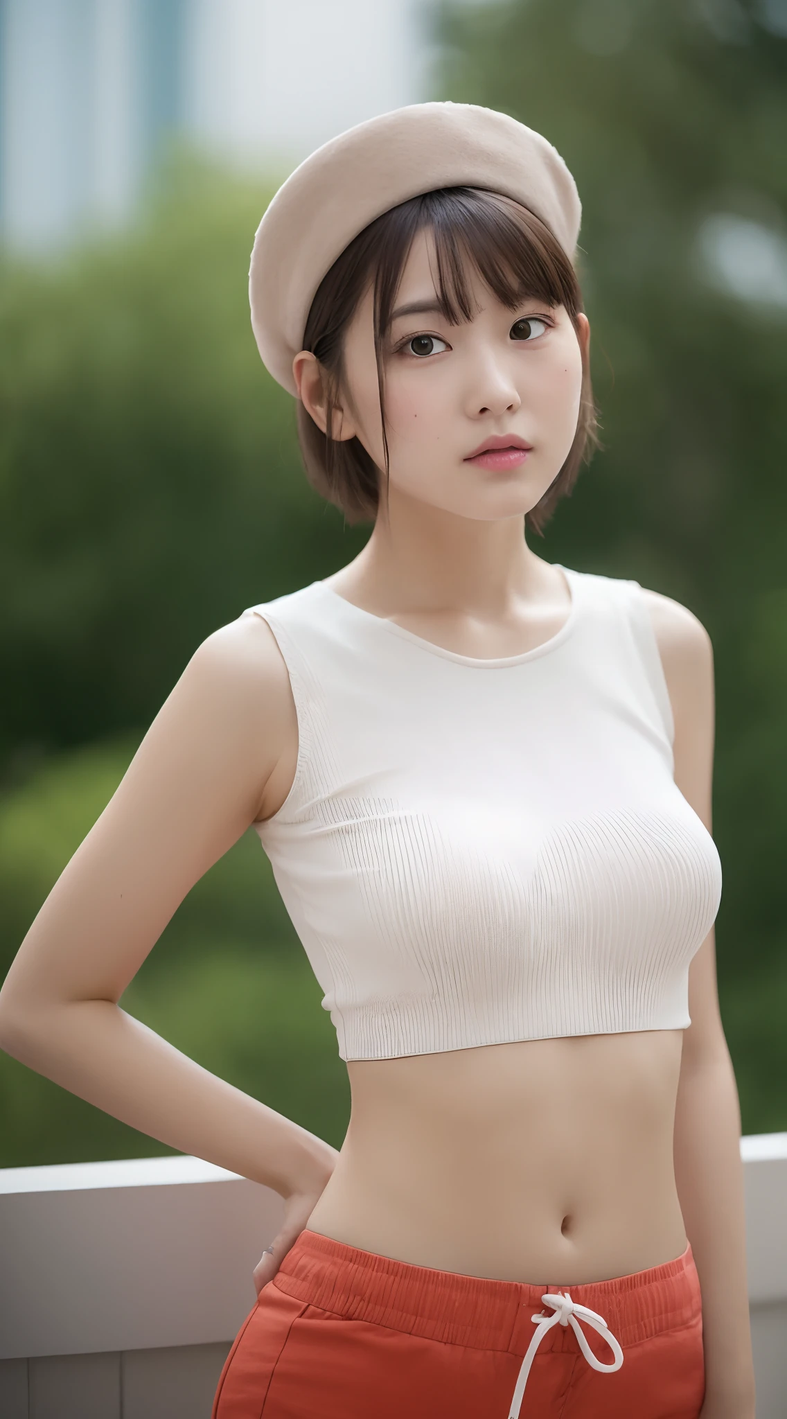 ((Best Quality, 8K, Masterpiece: 1.3)), (Flower Cap: 1.3), Focus: 1.2, Perfect Body Beauty: 1.4, Buttocks: 1.2, (Layered Haircut: 1.2)), (Light Pool: 1.3), Highly Detailed Face and Skin Texture, Full Body, Delicate Eyes, Double Eyelids, Whitened Skin, Short Hair, (Round Face: 1.5), (Loose Crop Top, Shorts: 1.6), huge tit