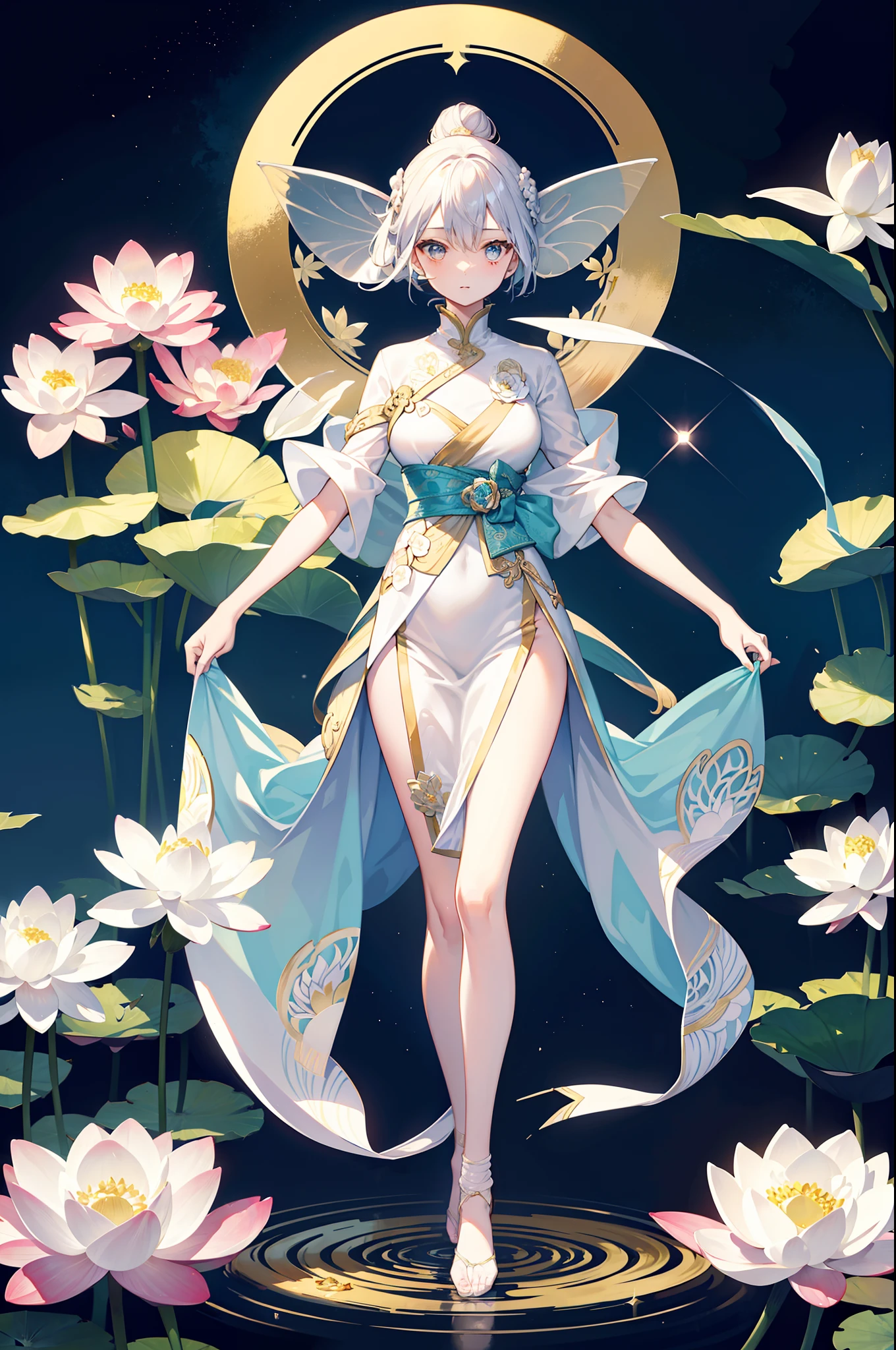 high-level image quality、detail portrayal、Art Nouveau,1 female、Neat and clean woman。Lotus Flower Spirit、Little fairy standing on a big lotus flower、Beautuful Women、Hair bun,Beautiful face、鎖骨、slender、Mystical。Dancing in light silk,Looking at Viewer