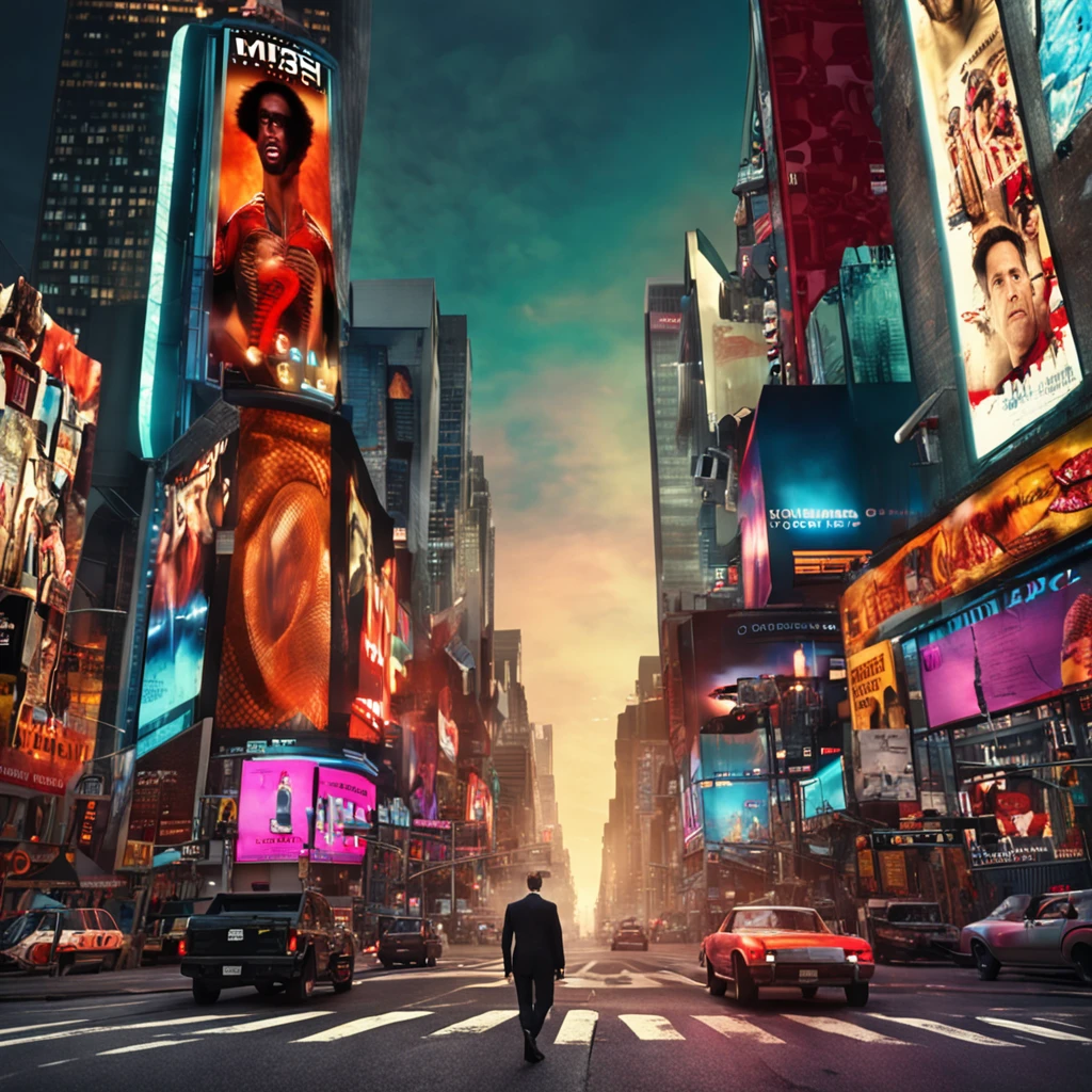 cenario da times square, with a man in a suit on his back staring at the big screen