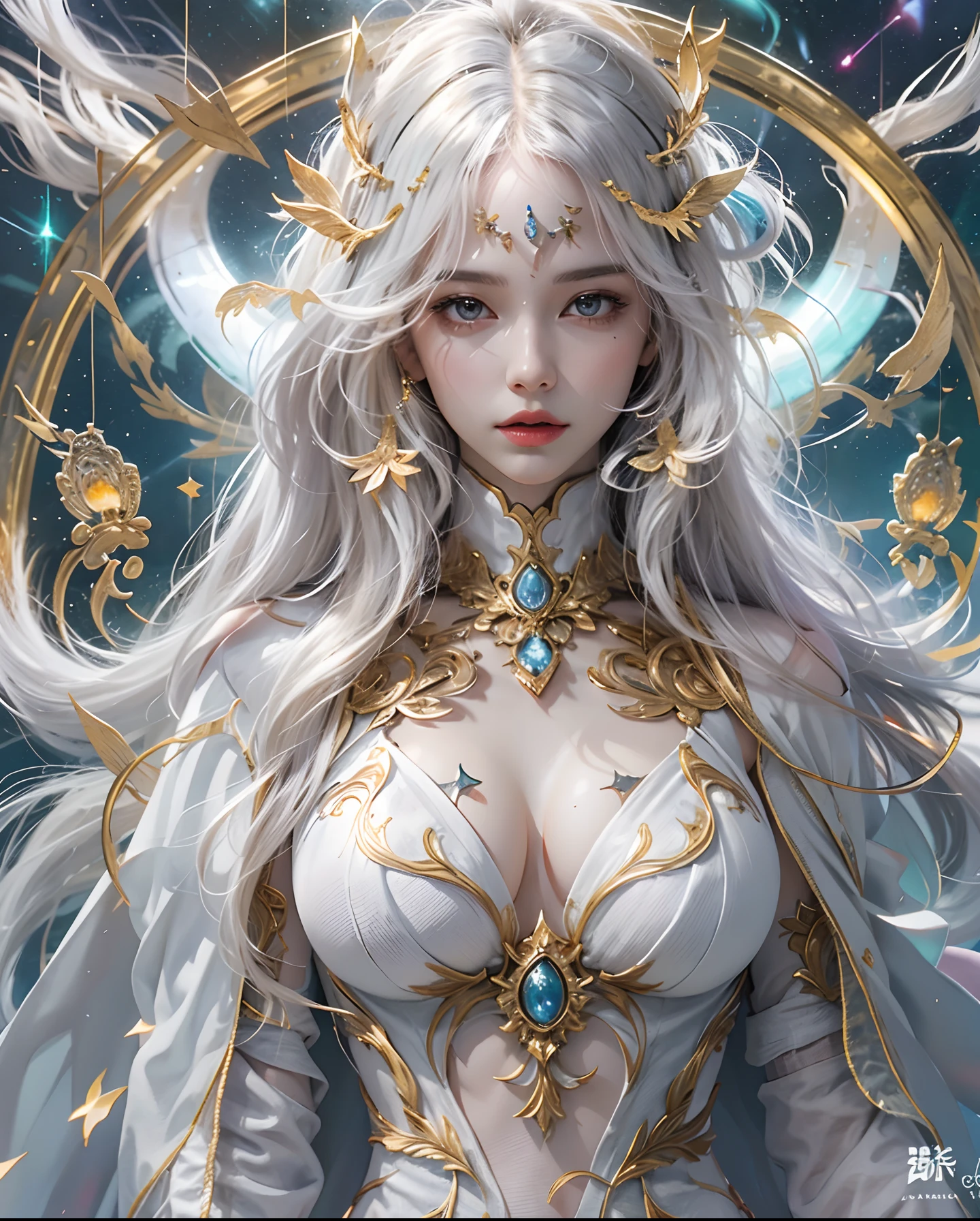 Summoner Beauty、Finish as shown in the photo、beautifull detailed face、Summon the Ice Spirit、(masterpiece、top-quality、top-quality、Official art、Beautifully Aesthetic:1.2)、(1girl in)、ighly detailed、(Fractal Art:1.3)、colourfull、highestdetailed、face perfect、nffsw、(doa:1.3)、(White cloak golden lines:1.2)、intergalactic、(light streaks)、striking visuals、(Dynamic streaks、Bright trajectory:1.2)、vivd colour、Breasts are small and B size、A slender、Cleavage is visible。Paws are thin and beautiful,