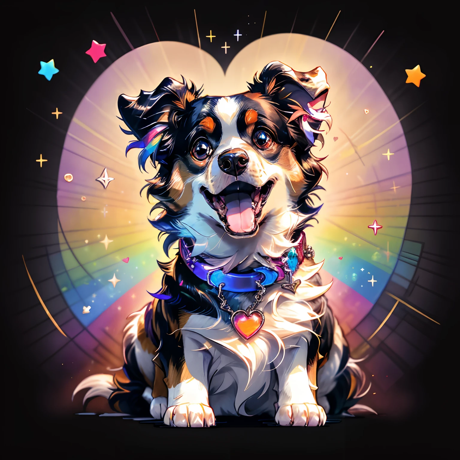 Niji Pride, solo, smile, open mouth, heart, star (symbol), collar, no humans, sparkle, fangs, looking up, spaniel, animal focus, sparkling eyes,