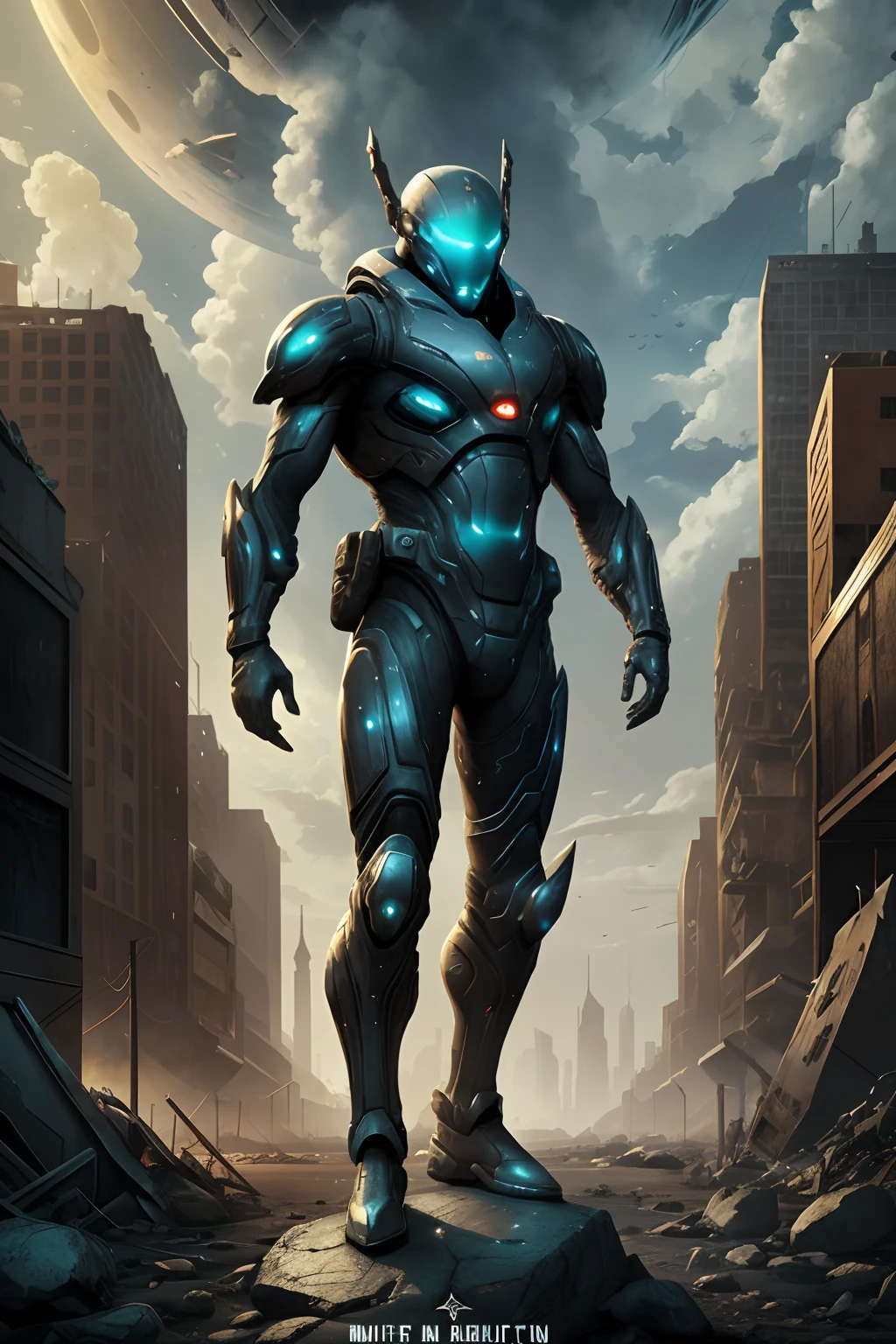 A highly technological and advanced alien soldier in an apocalyptic city