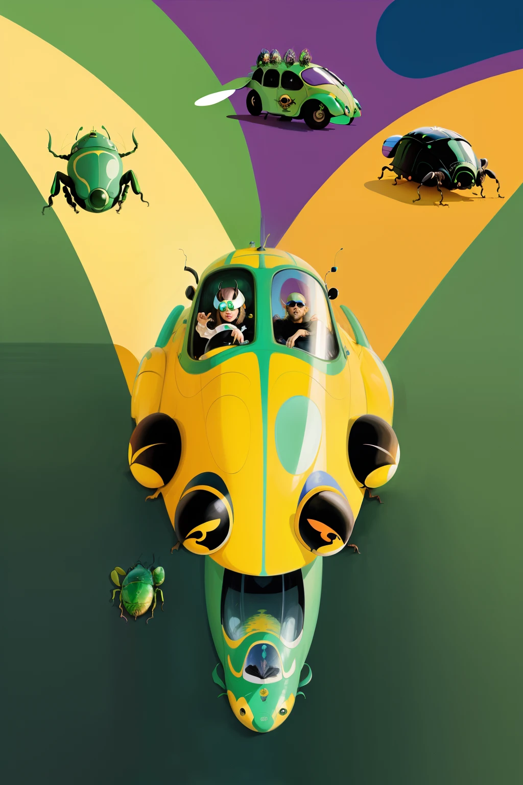 The beetles on a green submarine, beetles, Beatles, chaos, concept art, 4k, in the style of peter max