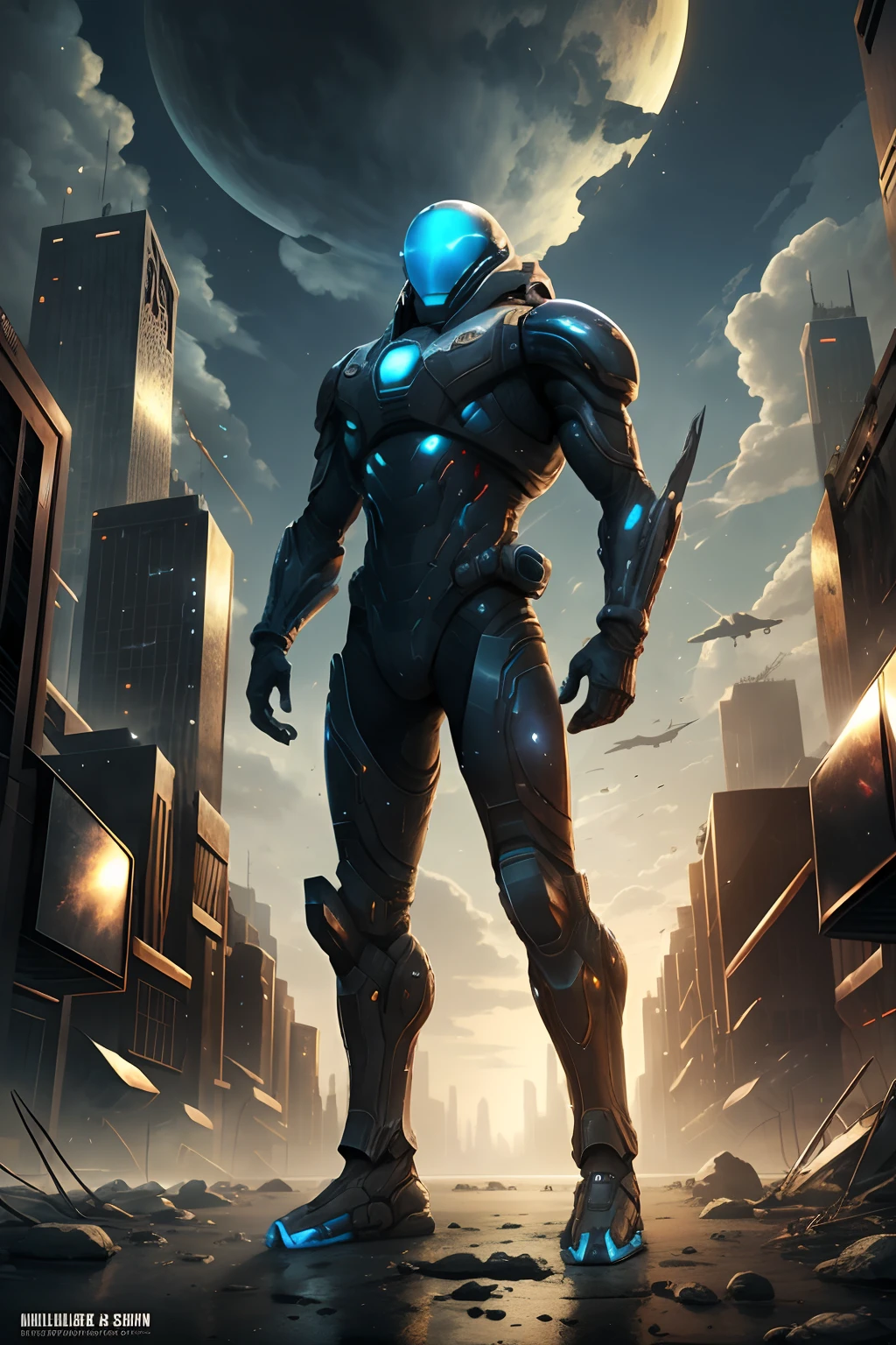 A highly technological and advanced alien soldier in an apocalyptic city