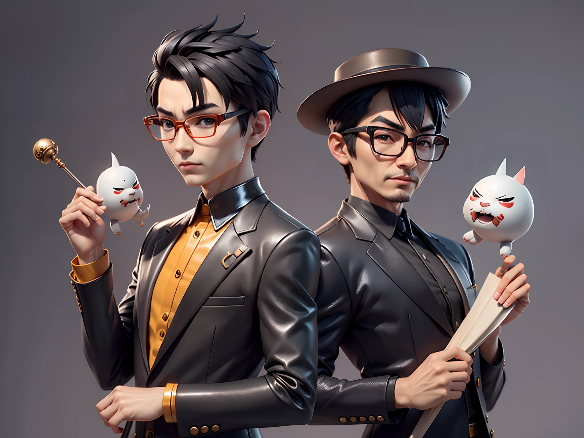 Young man with oriental face in leather hat, dragon, formal suit, short black hair, silver glasses, digital painting, 3D character design by Mark Clairedon and Pixar and Hayao Miyazaki and Akira Toriyama, the illustration is a high-definition illustration in 4K resolution with very detailed facial features and cartoon-style visuals.