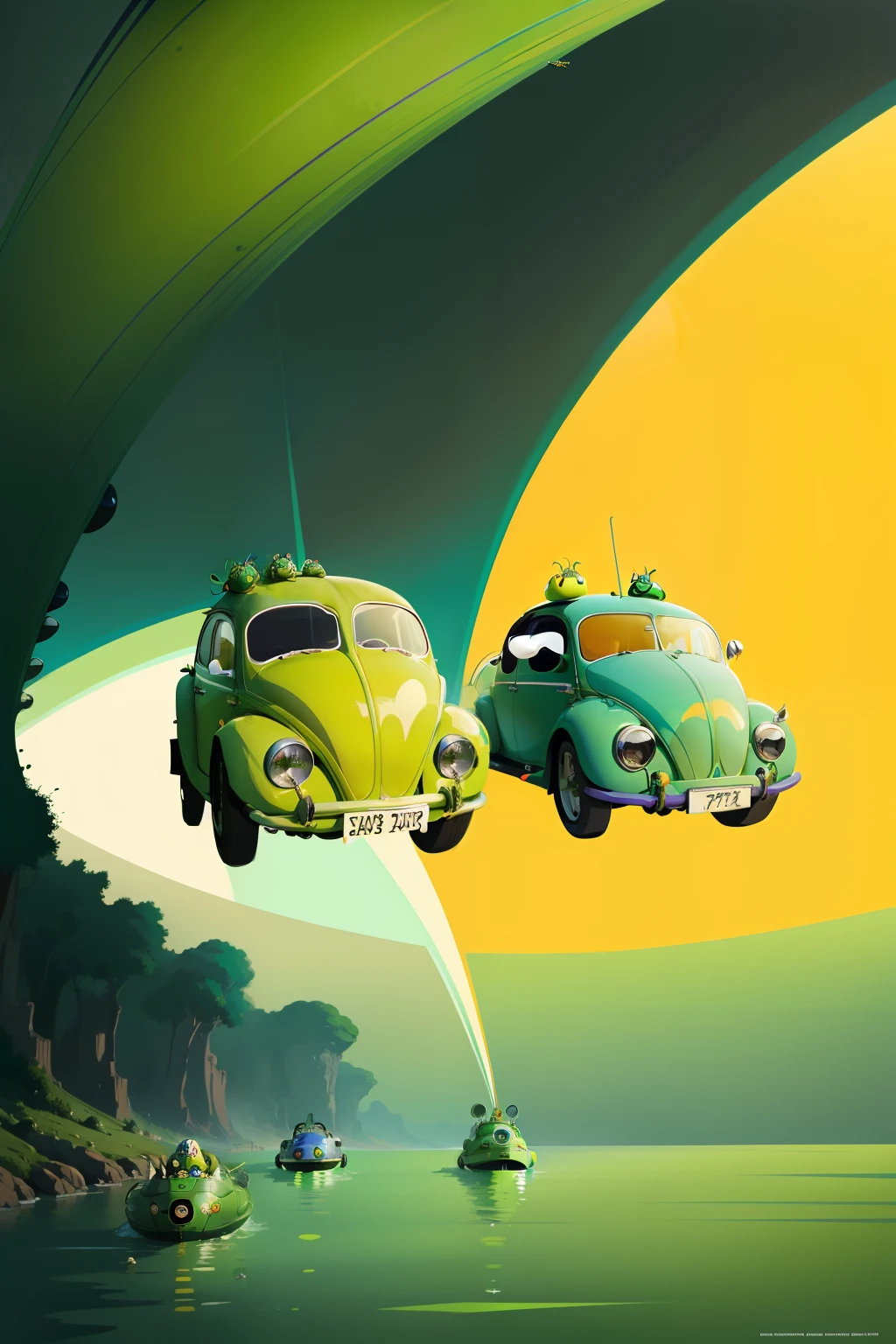 The beetles on a green submarine, beetles, Beatles, chaos, concept art, 4k, in the style of peter max