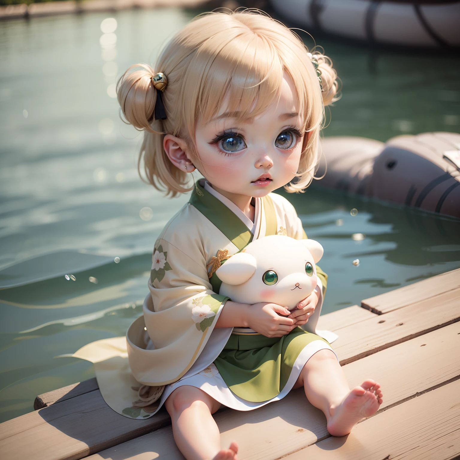 Cute baby chibi anime, Pearl beige and pearl green kimono,Sitting on a whale