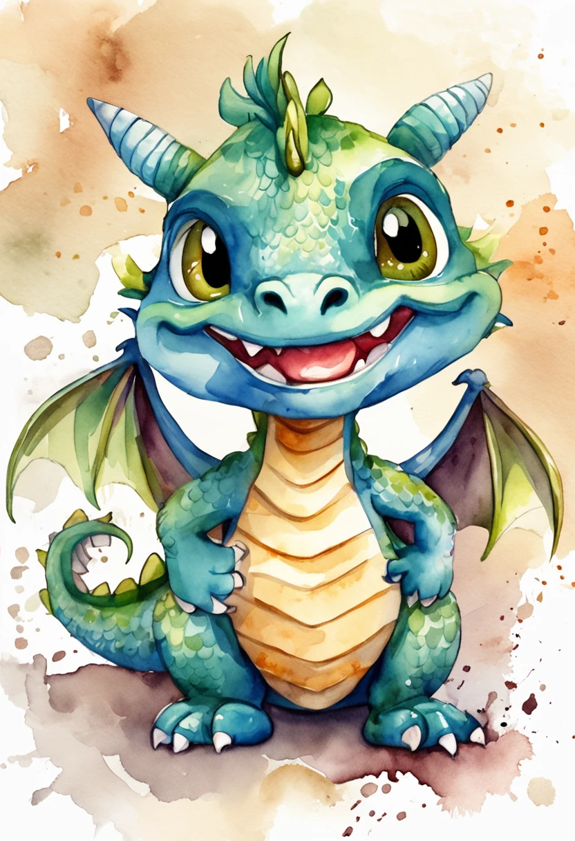 (cute little European Dragon:1.5),(cartoon:1.3),(chibi:1.2),(pixar:1.2),(cute expression:1.1),(big eyes:1.1),(watercolor:1.1),(separated from white background:1.1)