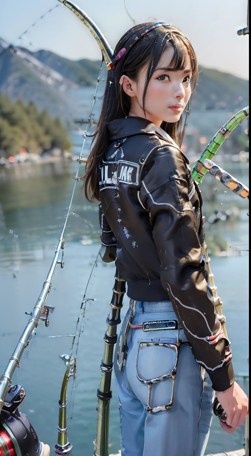 ((((Place fishing rods with reels by the lake:1.5)))),((Female 28 years old)),((Best quality:1.5)),(((Hands with correct finger count and structure:1.4))),((Big fish:1.37)),A high resolution,ultra - detailed,tmasterpiece,best qualtiy,(Eight-headed body),Black hair, long eyelasher, solid circle eyes, shadowing, Atmospheric perspective,Super detail, ccurate, Little Brest,(Black jacket and black jeans :1.1),top-quality, blurred back, bokeh dof:1.2, (tmasterpiece:1.3),  Atmospheric perspective,Super detail,dynamic compositions,