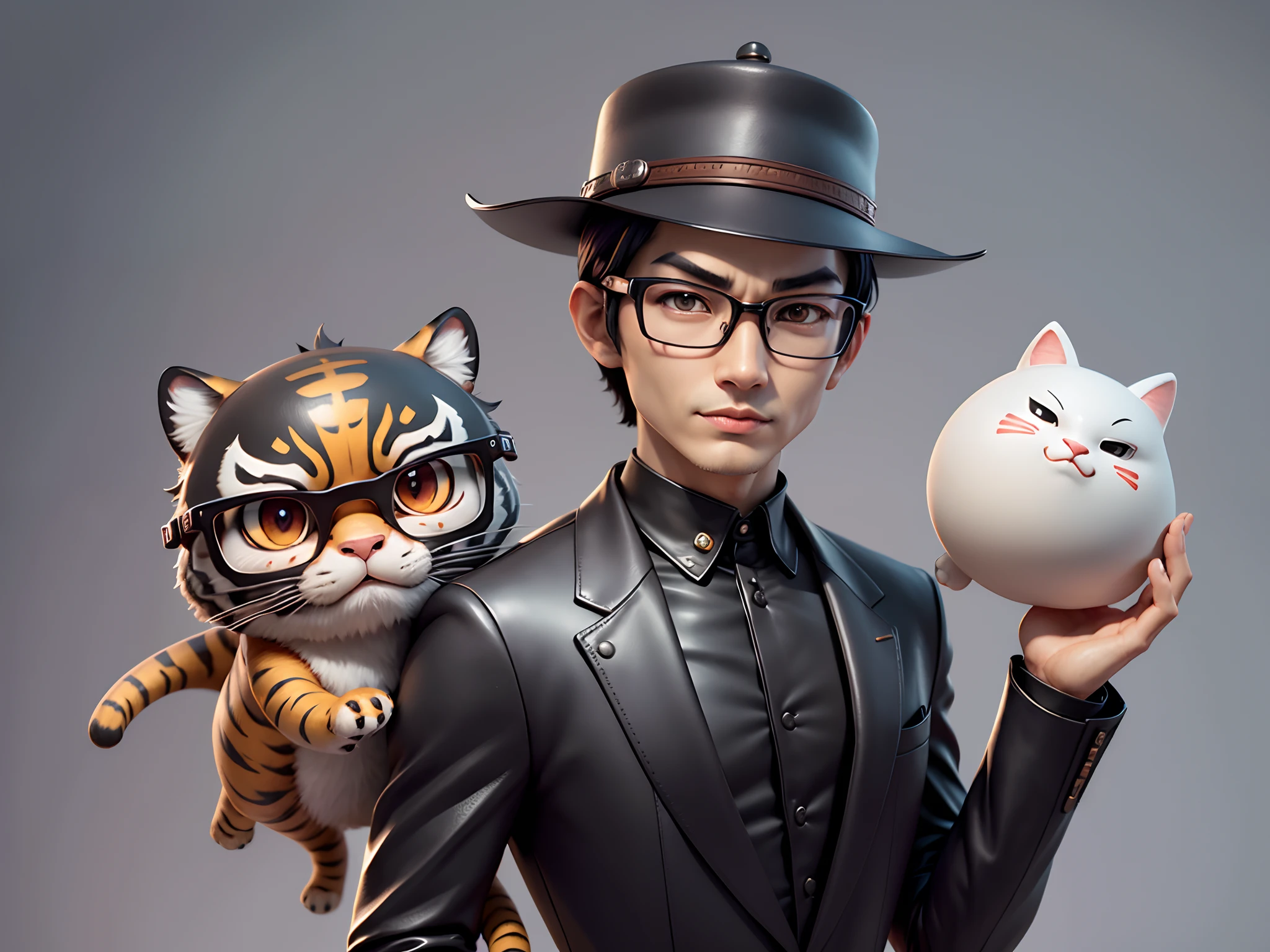 Young man with oriental face in leather hat, tiger, oriental face in formal suit, short black hair, silver glasses, digital painting, 3D character design by Mark Clairedon and Pixar and Hayao Miyazaki and Akira Toriyama, the illustration is a high-definition illustration in 4K resolution with very detailed facial features and cartoon-style visuals.