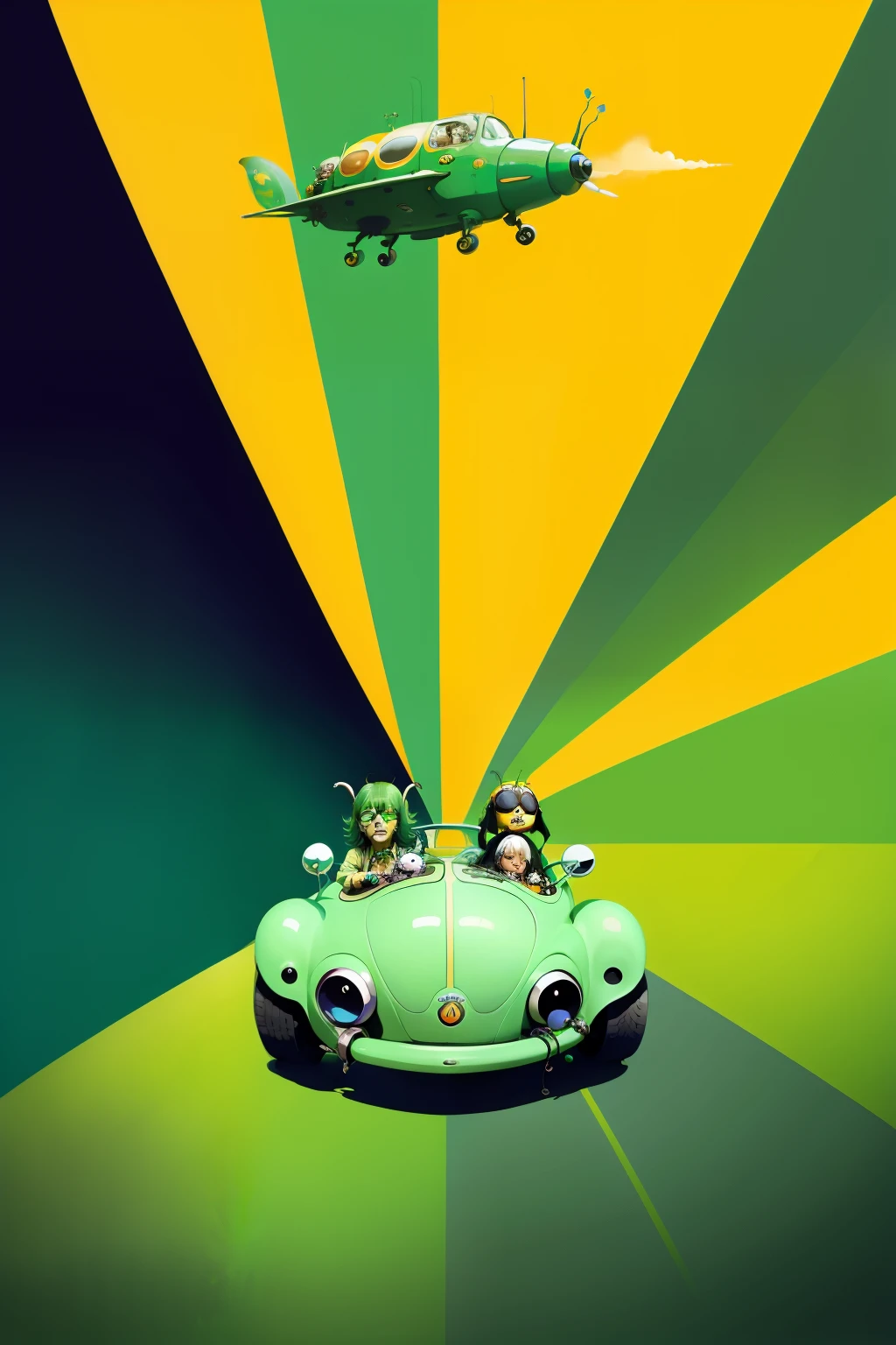 The beetles on a green submarine, beetles, Beatles, chaos, concept art, 4k, in the style of peter max