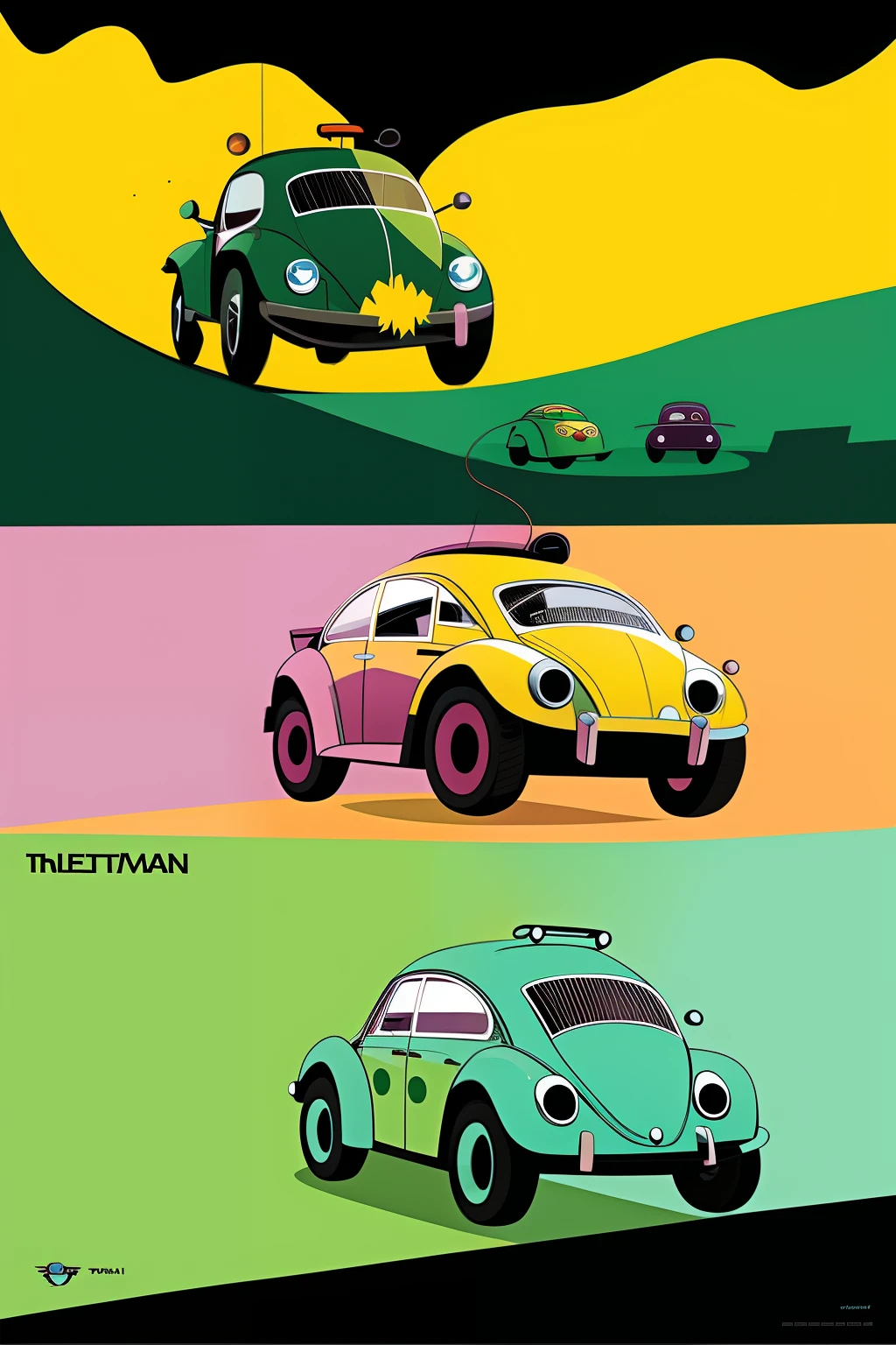 three different colored cars with a cartoon character on the front, beetle-inspired, beetles, beetle, inspired by Otto Eckmann, cute future vehicles, car concept art, vehicle illustration, cartoon concept art, cartoon pixar style, concept art for movie, shy beetles, concept illustartion, pixar art style, pixar cartoon style, beatle, stylized digital illustration, psychedelic