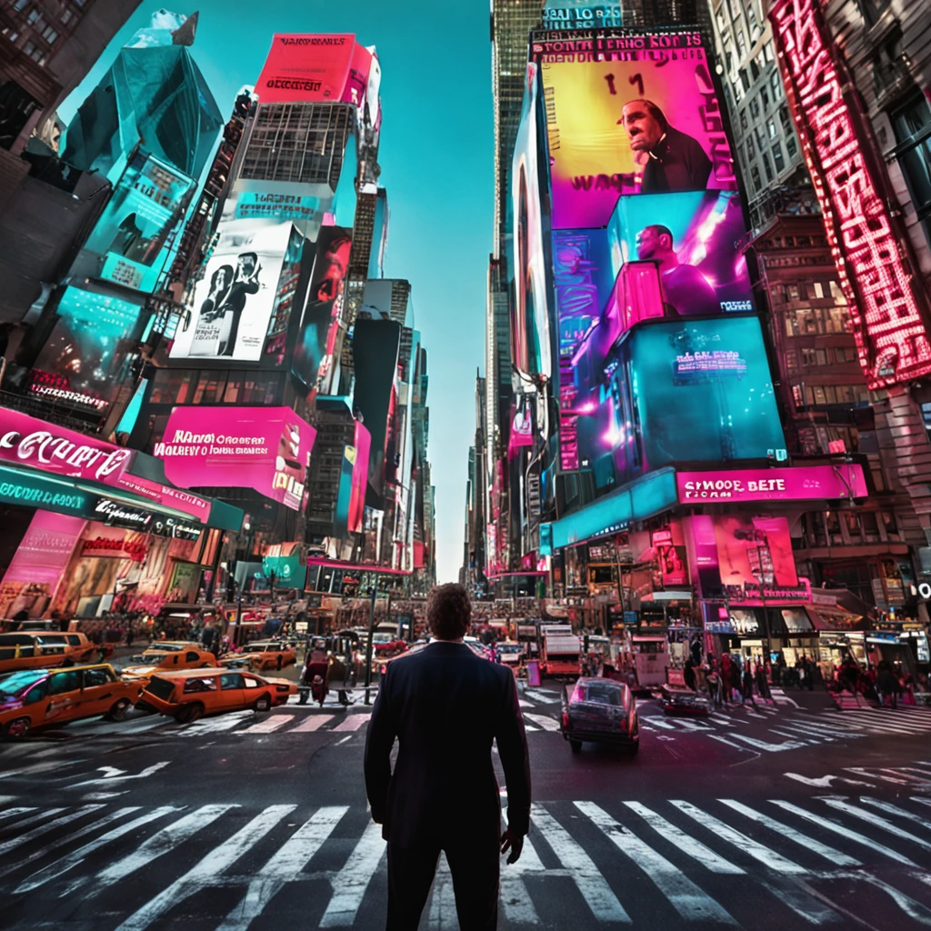 cenario da times square, em primeiro plano, with a man in a suit on his back staring at the big screen