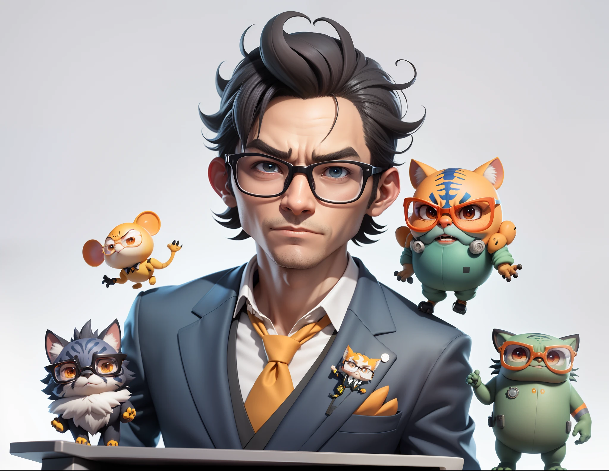 A young man in a suit, Short hair and glasses sat at his desk,holding laptop,digitial painting,tigre,3D character design by Mark Clairen and Pixar and Hayao Miyazaki and Akira Toriyama,4K HD illustration,Very detailed facial features and cartoon-style visuals。