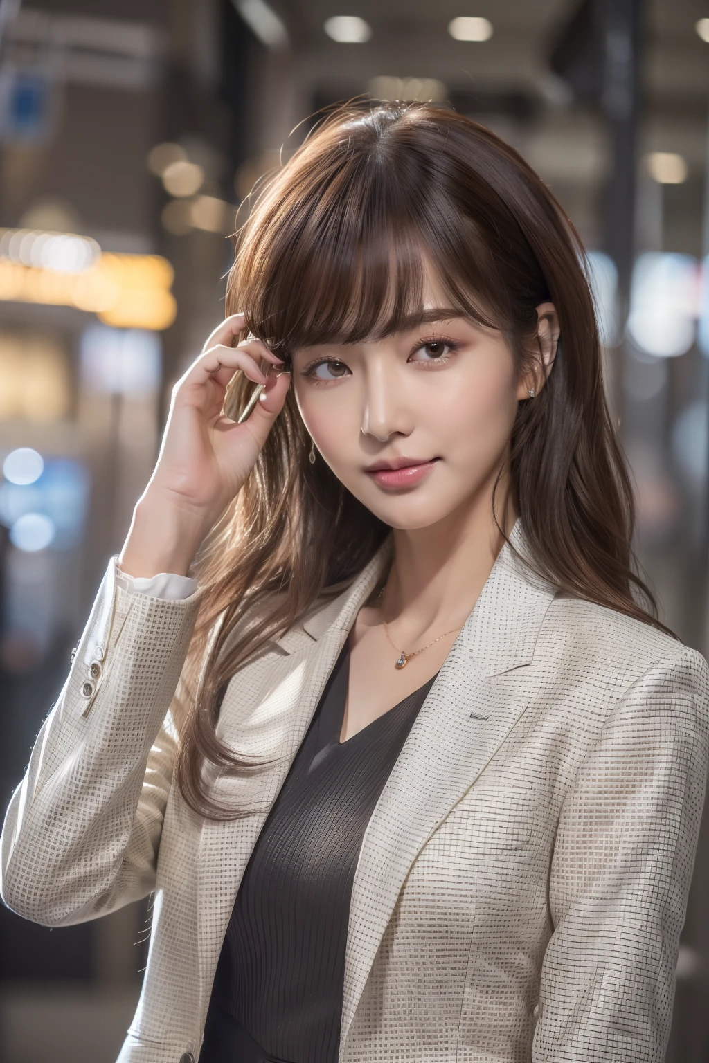 ((Best Quality, 8k, Masterpiece: 1.3)), 1 girl, smile, full body, slim face, pretty woman, short dark brown hair, white crisp shirt on upper body, black straight suit pants on upper body, high heels, super detailed face, detailed eyes, double eyelids, blurred background, slim face, tall building white coat suit clear face