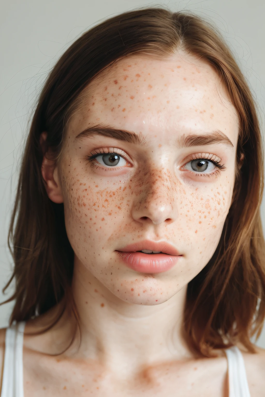 Portrait of a woman with freckles on her face and a white tank top, white freckles, freckles face, pale freckled skin, freckles, alessio albi, elegant freckles, soft freckles, with freckles, freckles, close-up close-up portrait close-up, light freckles, freckles, sparse freckles