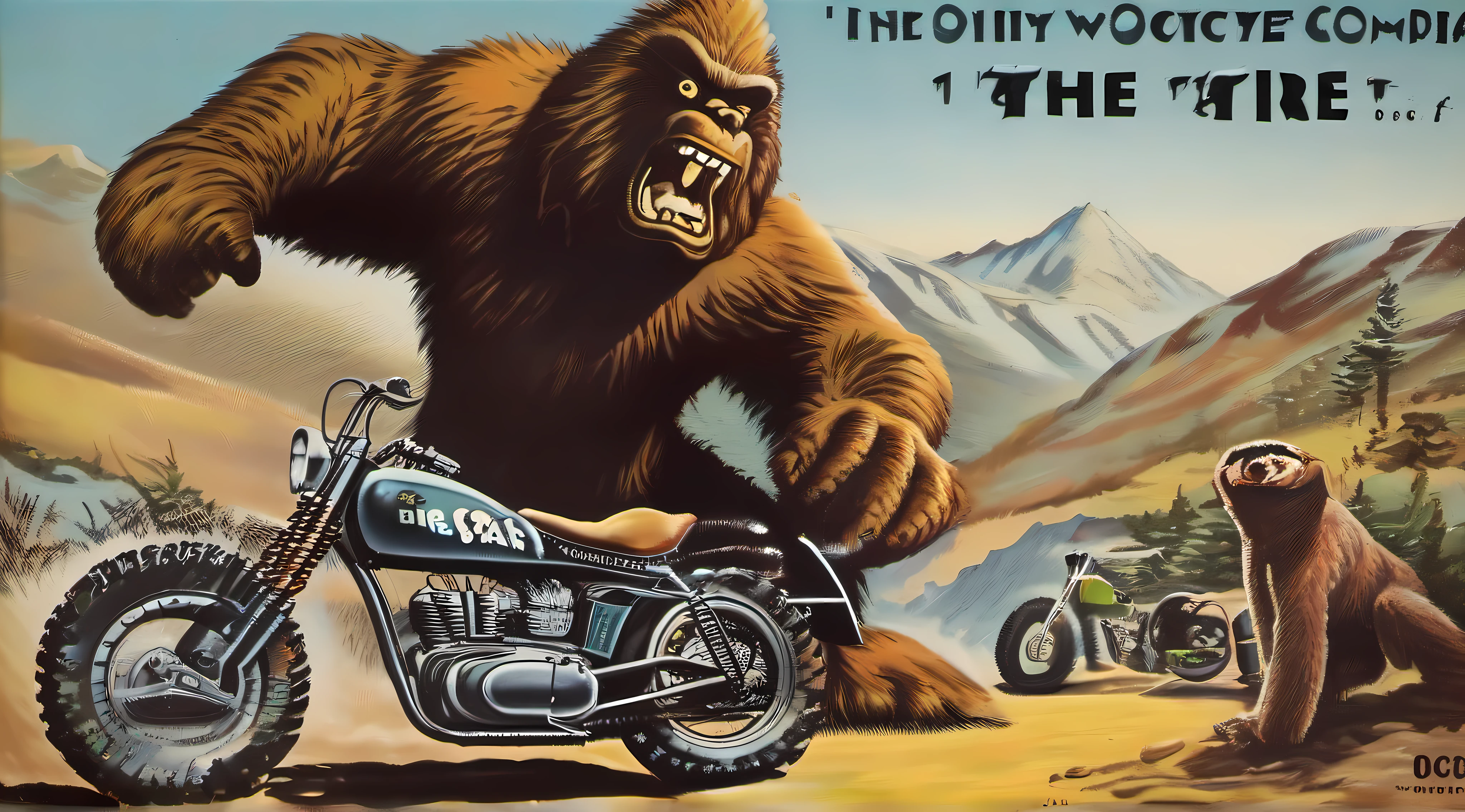 1950's motorcycle tire company promotional add for "Big Knobbies" their new motocross tire for off-road racing the company mascot is big foot the sasquatch, put him in the background stretching a big Knobbies motocross tire